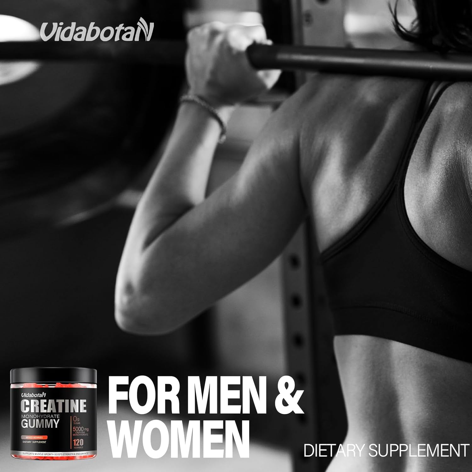 Vidabotan 5000mg Sugar-Free Creatine Monohydrate Gummies with L-Taurine, B6, B12 - Muscle Growth for Men & Women, Vegan, Mixed Berry, 120 Count - BoostGo Australia