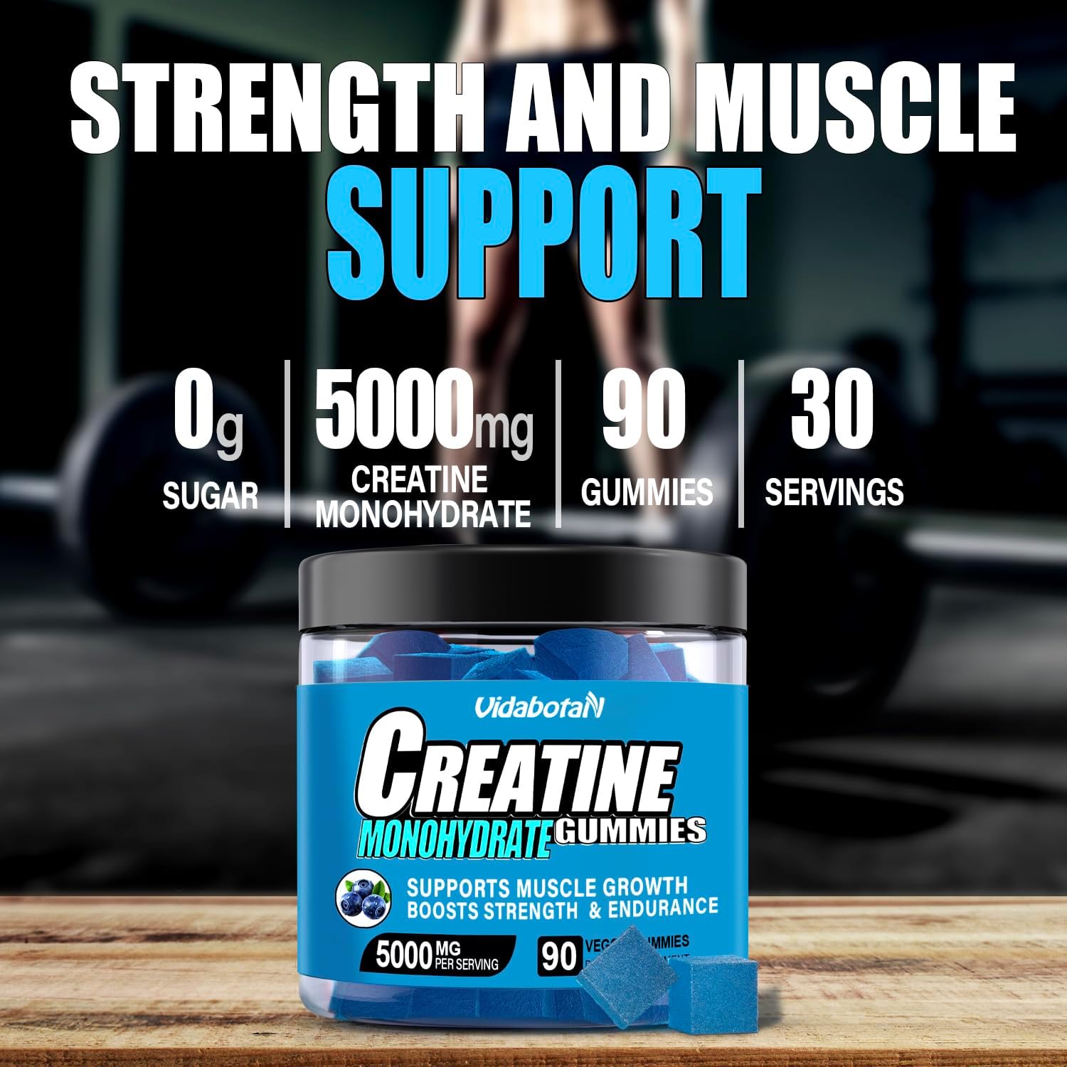 Vidabotan Blueberry Flavored Sugar-Free Creatine Monohydrate Gummies - 90 Count, 5g per Serving, Vegan Muscle Mass Supplement for Men & Women