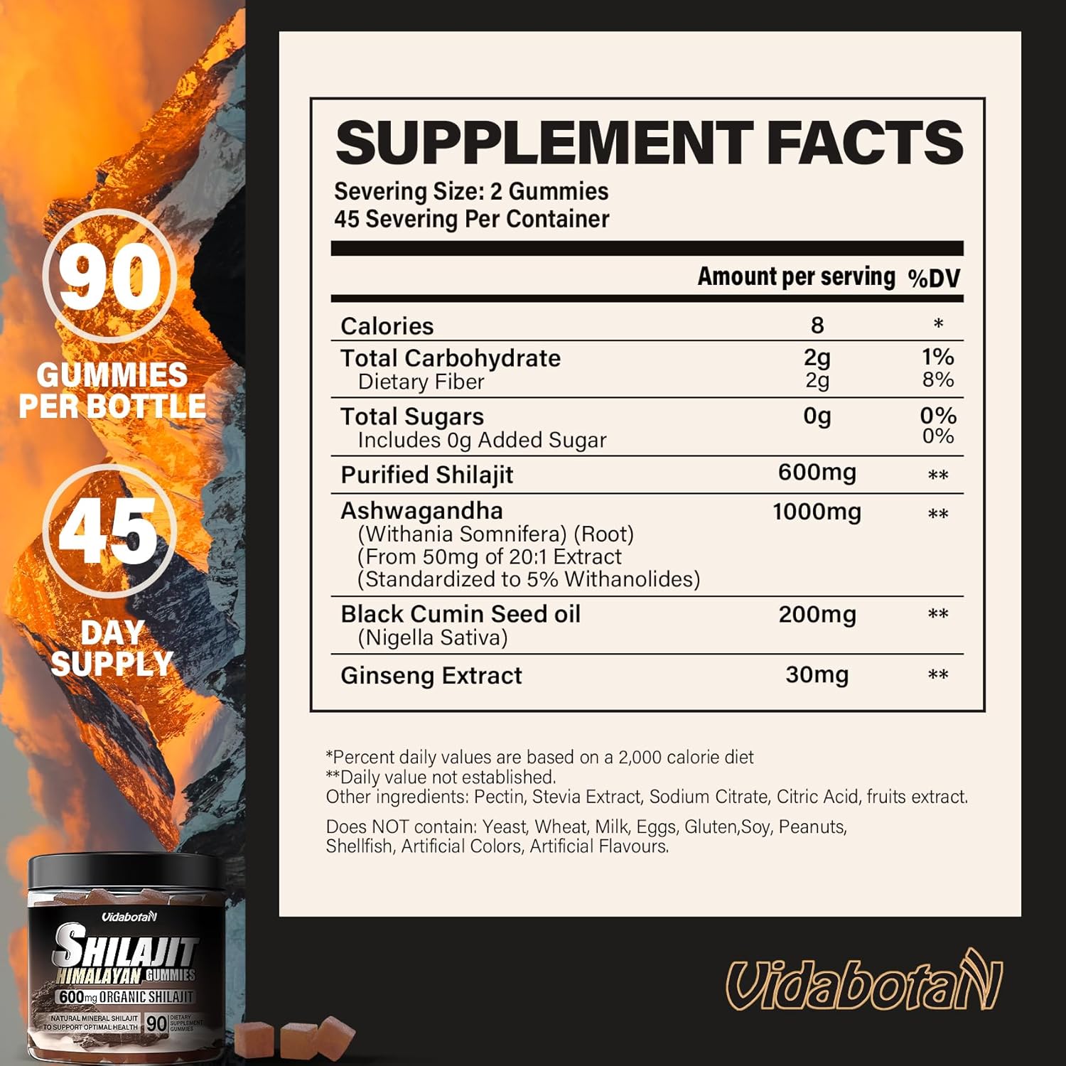 Vidabotan Shilajit Gummies 600 MG - Sugar Free Lemon Flavor - With Ashwagnadha & Black Seed Oil - 90 Gummies - Men & Women's Health Supplement - BoostGo Australia