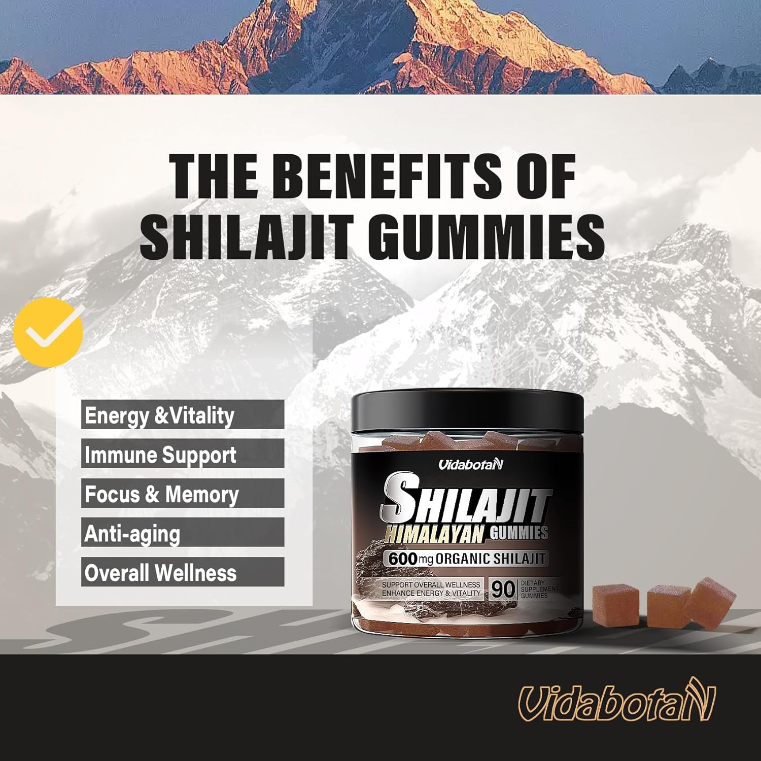 Vidabotan Shilajit Gummies 600 MG - Sugar Free Lemon Flavor - With Ashwagnadha & Black Seed Oil - 90 Gummies - Men & Women's Health Supplement - BoostGo Australia