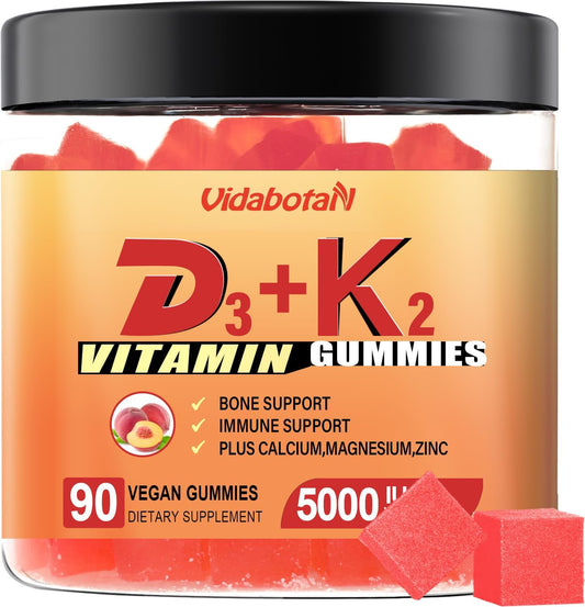 Vidabotan Vegan Peach Flavored Vitamin D3 K2 Gummies - 5000IU with Calcium, Magnesium, and Zinc - 90 Chewable Gummies for Bone, Teeth, and Muscle Health - BoostGo Australia