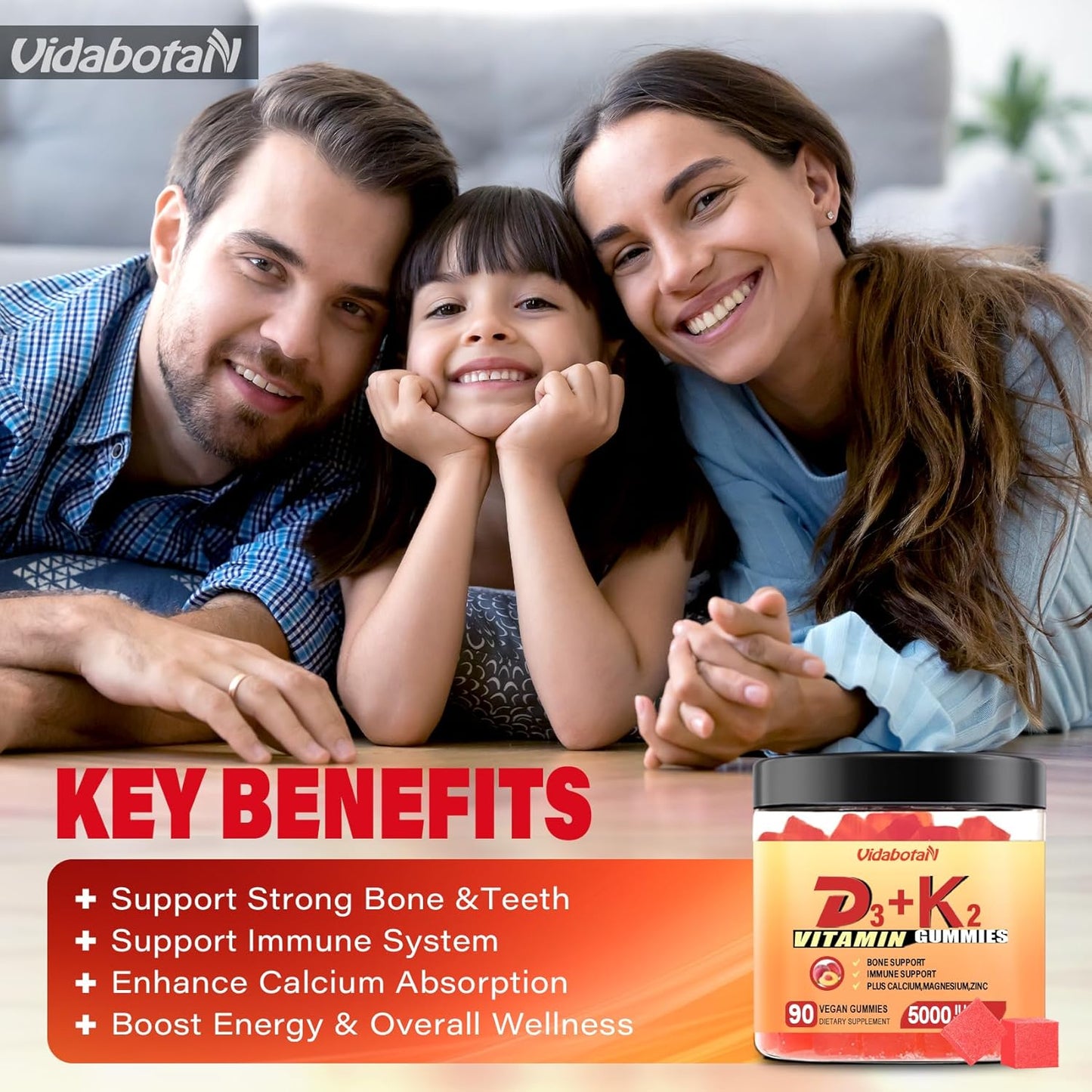 Vidabotan Vegan Peach Flavored Vitamin D3 K2 Gummies - 5000IU with Calcium, Magnesium, and Zinc - 90 Chewable Gummies for Bone, Teeth, and Muscle Health - BoostGo Australia
