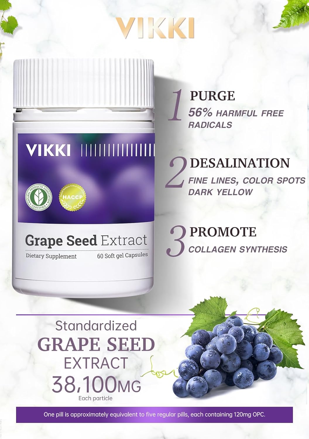 Vikki Grape Seed Extract Capsules - 38,100mg Concentrated & Standardized 10X Whole Fruit Extract - 100% Vegetarian, All-Natural, Non-GMO & Gluten-Free