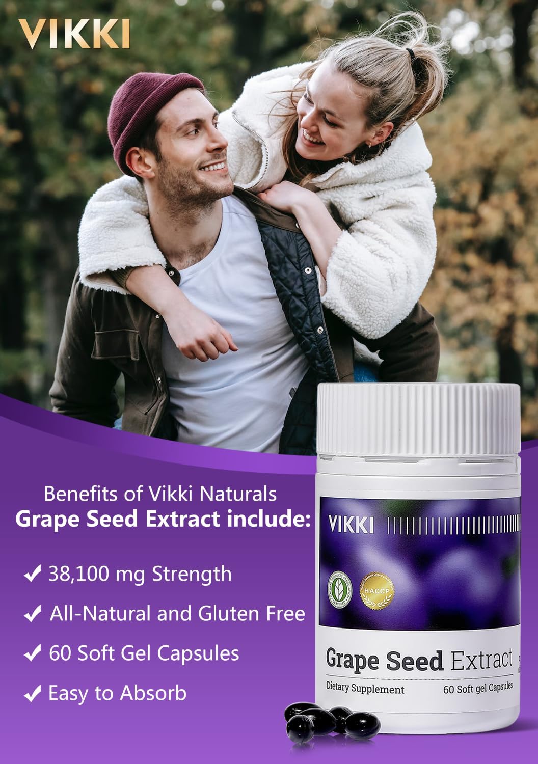 Vikki Grape Seed Extract Capsules - 38,100mg Concentrated & Standardized 10X Whole Fruit Extract - 100% Vegetarian, All-Natural, Non-GMO & Gluten-Free