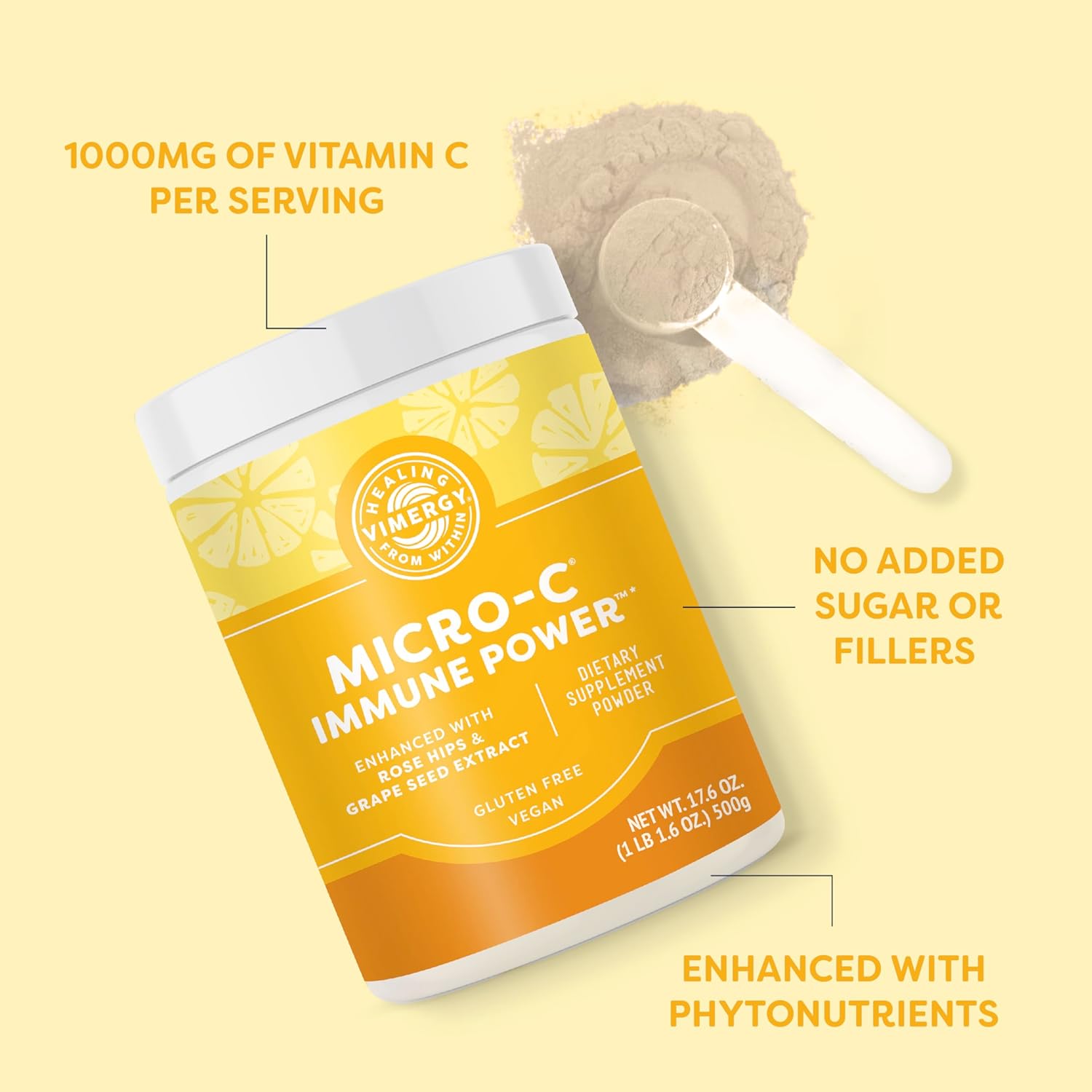 Vimergy Micro-C Immune Power 500g - 278 Servings - 1000mg/serving - Antioxidant Phytonutrients - Immune & Nerve Support - Bone & Cartilage Benefits - Gluten-Free - Kosher - Vegan - BoostGo Australia
