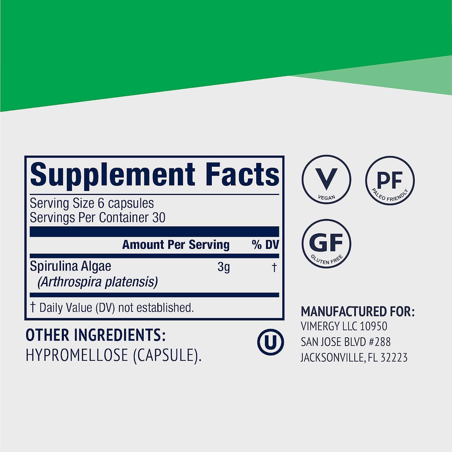 Vimergy Spirulina Capsules - Vegan Plant Protein for Immune and Cardio Health - 180 Capsules - Gluten-Free & Kosher