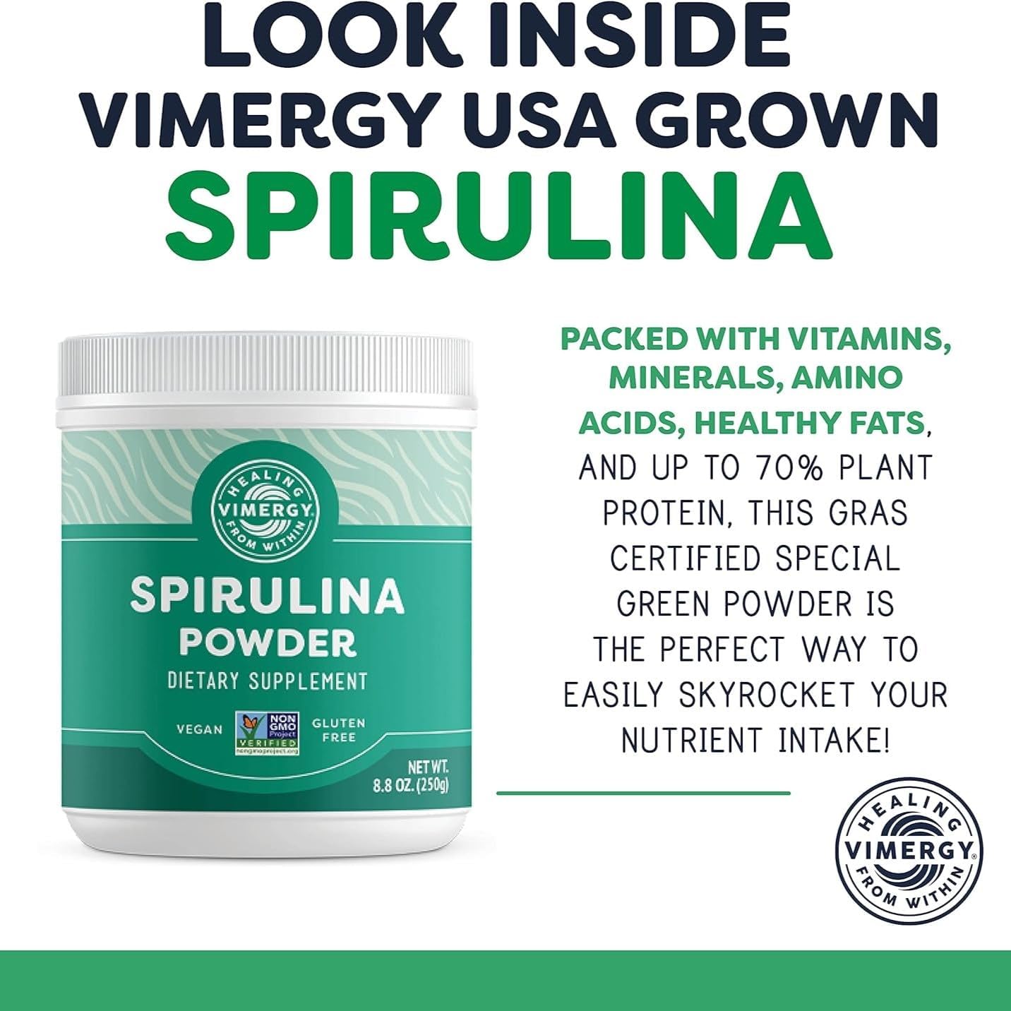 Vimergy Spirulina Powder - Plant-Based Protein for Immune & Heart Health - Vegan, Kosher, Gluten-Free - 250g - BoostGo Australia