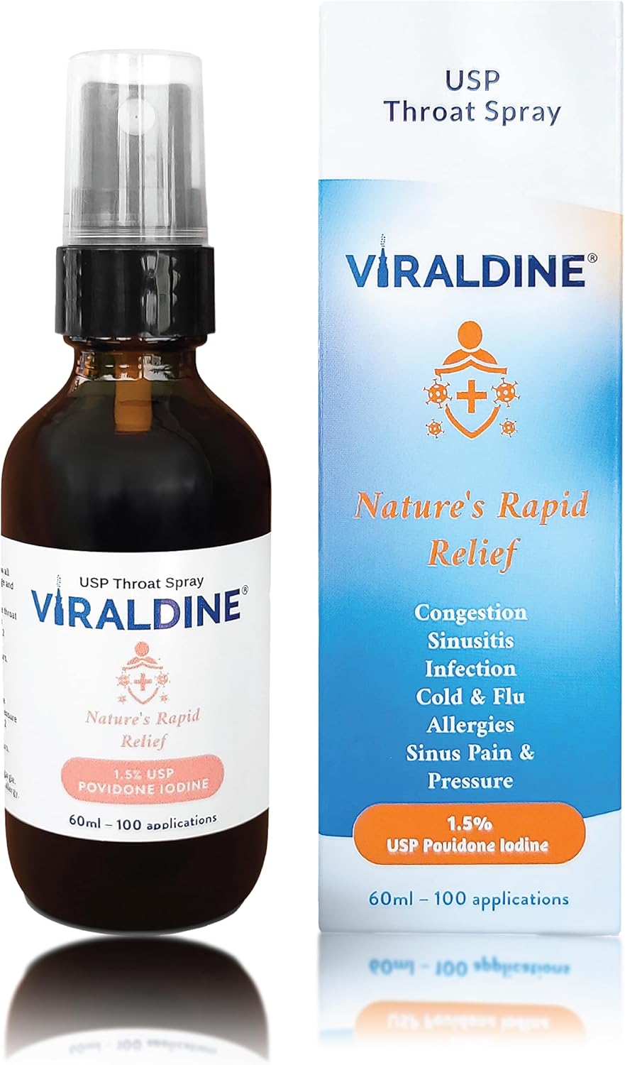 VIRALDINE 1.5% Povidone-Iodine Sore Throat Spray - Rapid Relief Formula - 60ml Oral Spray Bottle - 100 Applications