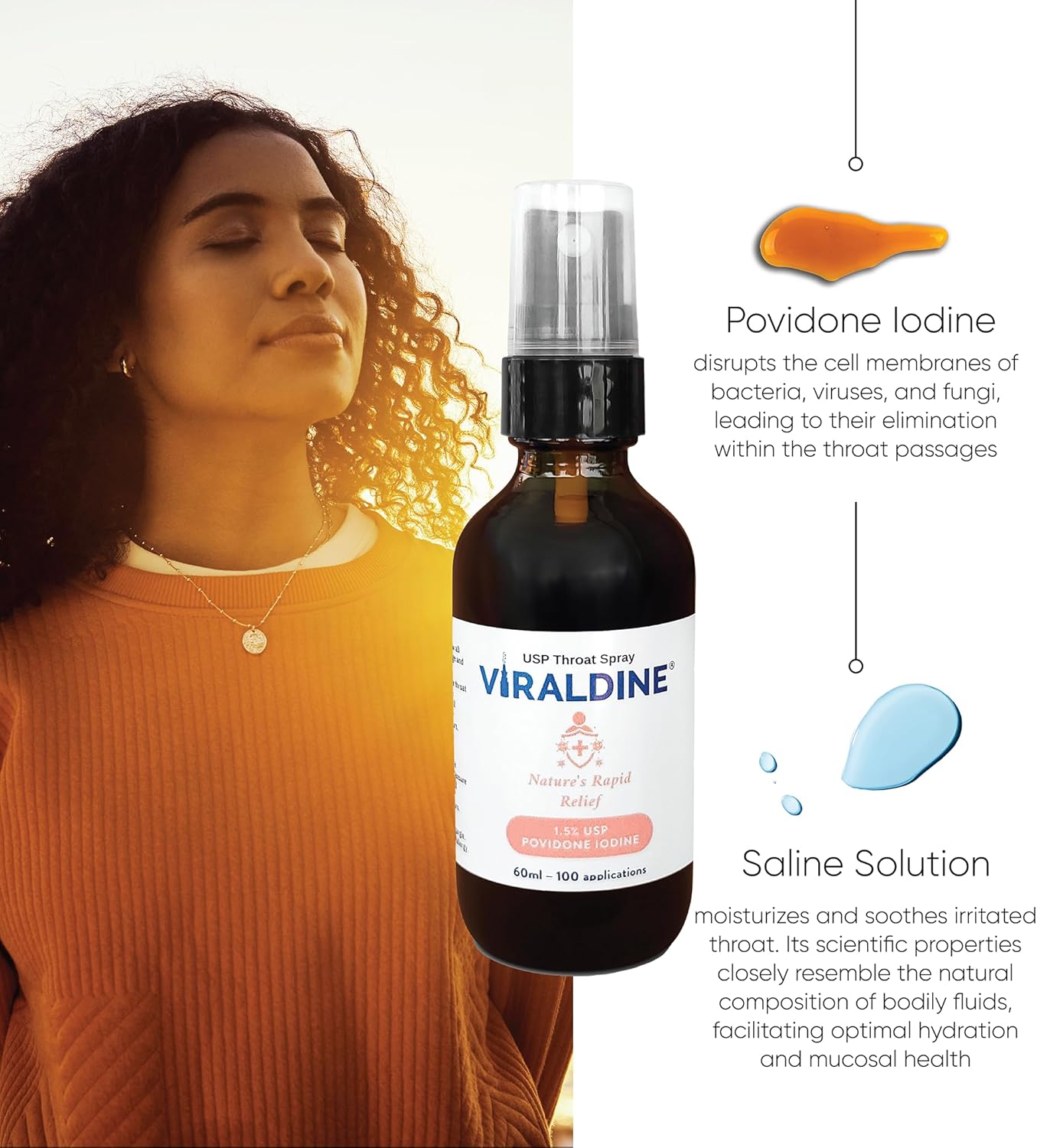 VIRALDINE 1.5% Povidone-Iodine Sore Throat Spray - Rapid Relief Formula - 60ml Oral Spray Bottle - 100 Applications