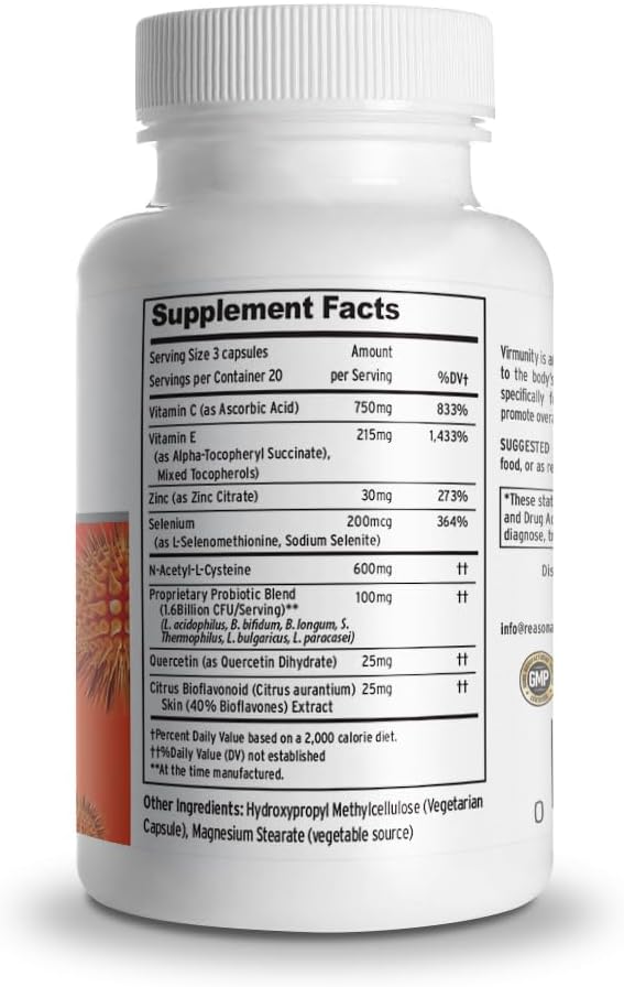 Virmunity Immune Support Supplement - 60 Capsules with Vitamin C, E, Selenium, Zinc, Antioxidants, NAC, and Probiotics for Adults
