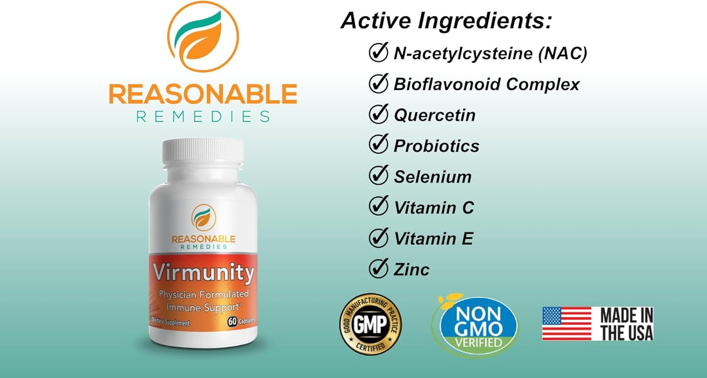 Virmunity Immune Support Supplement - 60 Capsules with Vitamin C, E, Selenium, Zinc, Antioxidants, NAC, and Probiotics for Adults