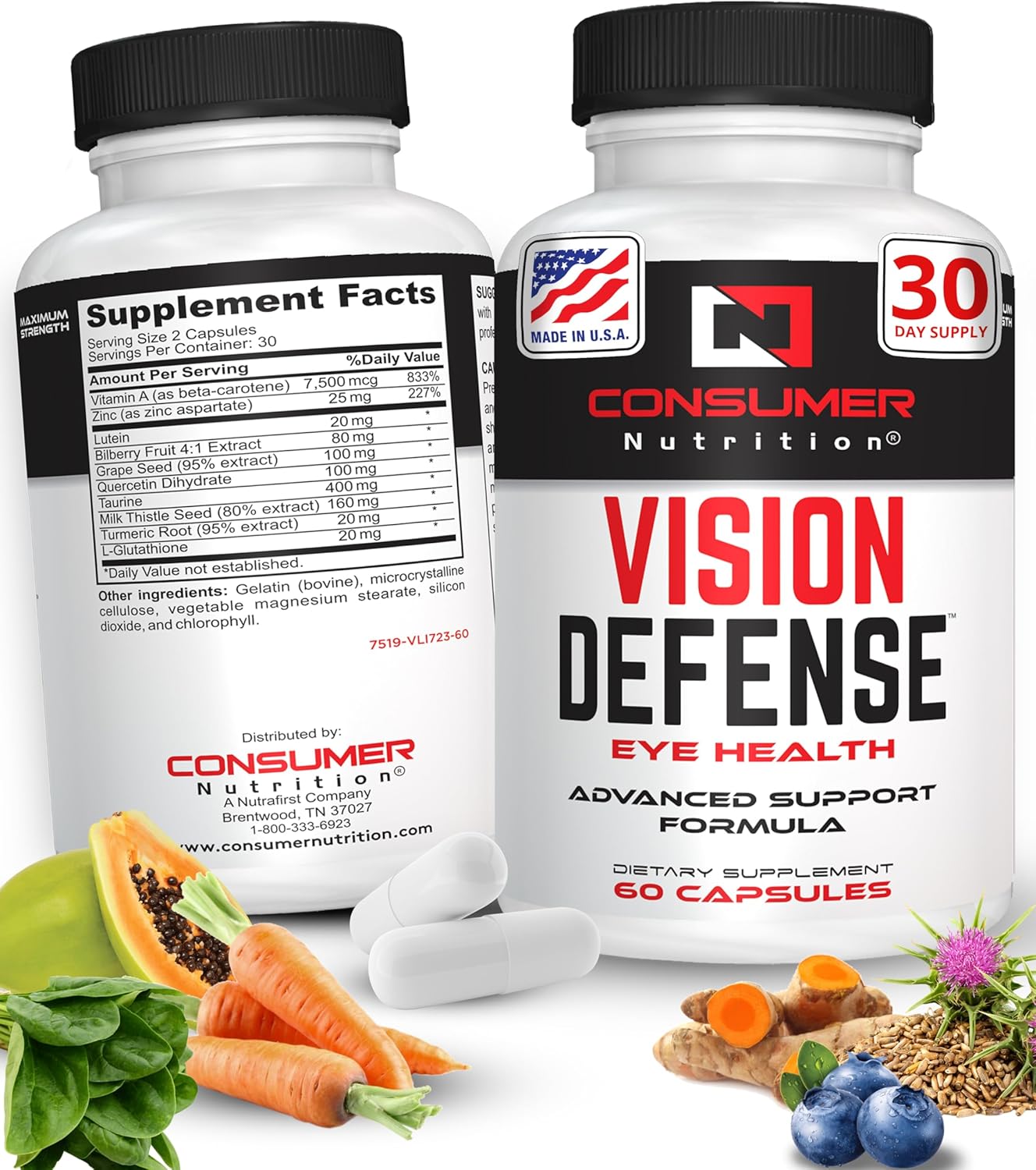 Vision Defense Eye Health Supplements for Adults - Promotes Eye Health with Vitamin A, Lutein, Taurine, and More - 60 Ct