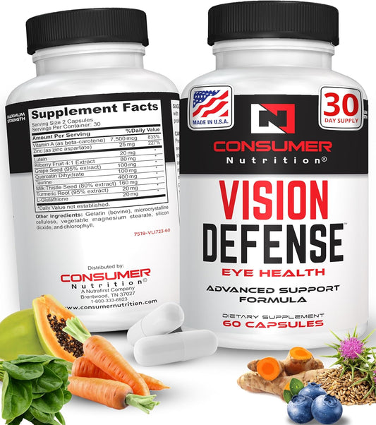 Vision Defense Eye Health Supplements for Adults - Promotes Eye Health with Vitamin A, Lutein, Taurine, and More - 60 Ct
