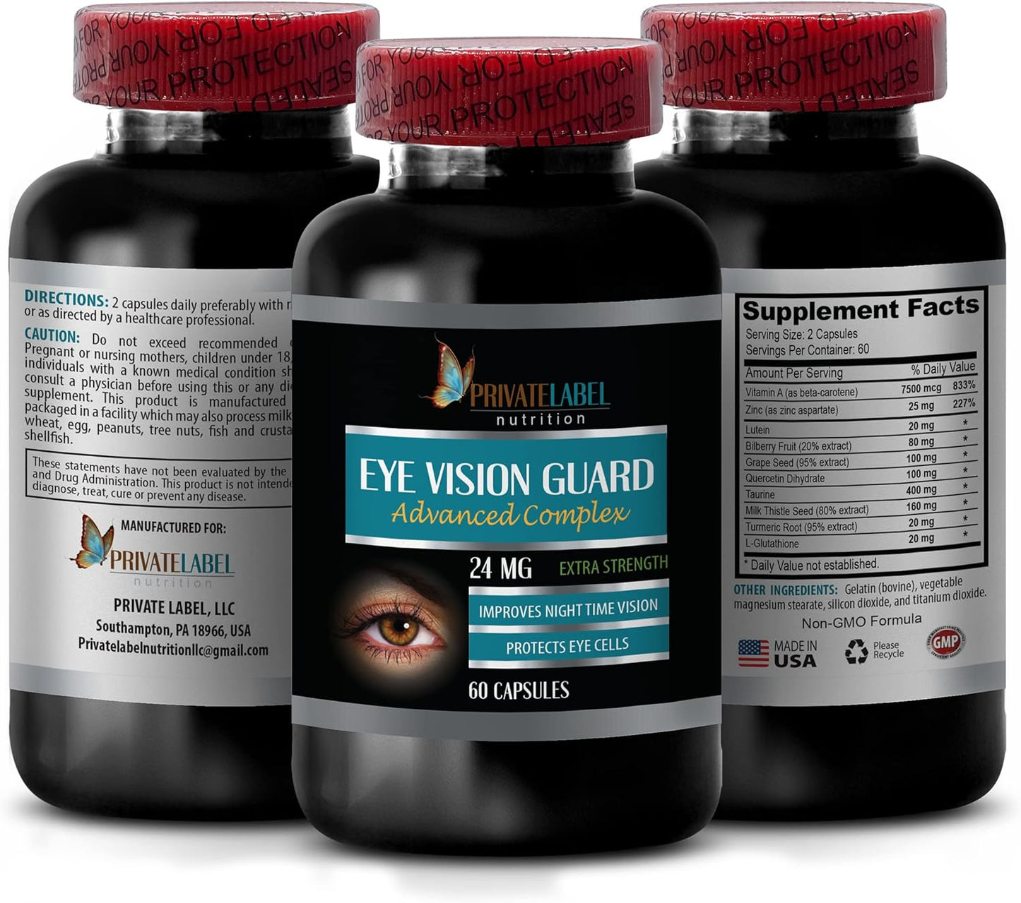 Vision Guard 24 MG - Advanced Eye Vision Support Supplement with Lutein, Vitamin A, Turmeric, Bilberry, and Taurine - Private Label LLC Eye Vitamins - 60 Capsules