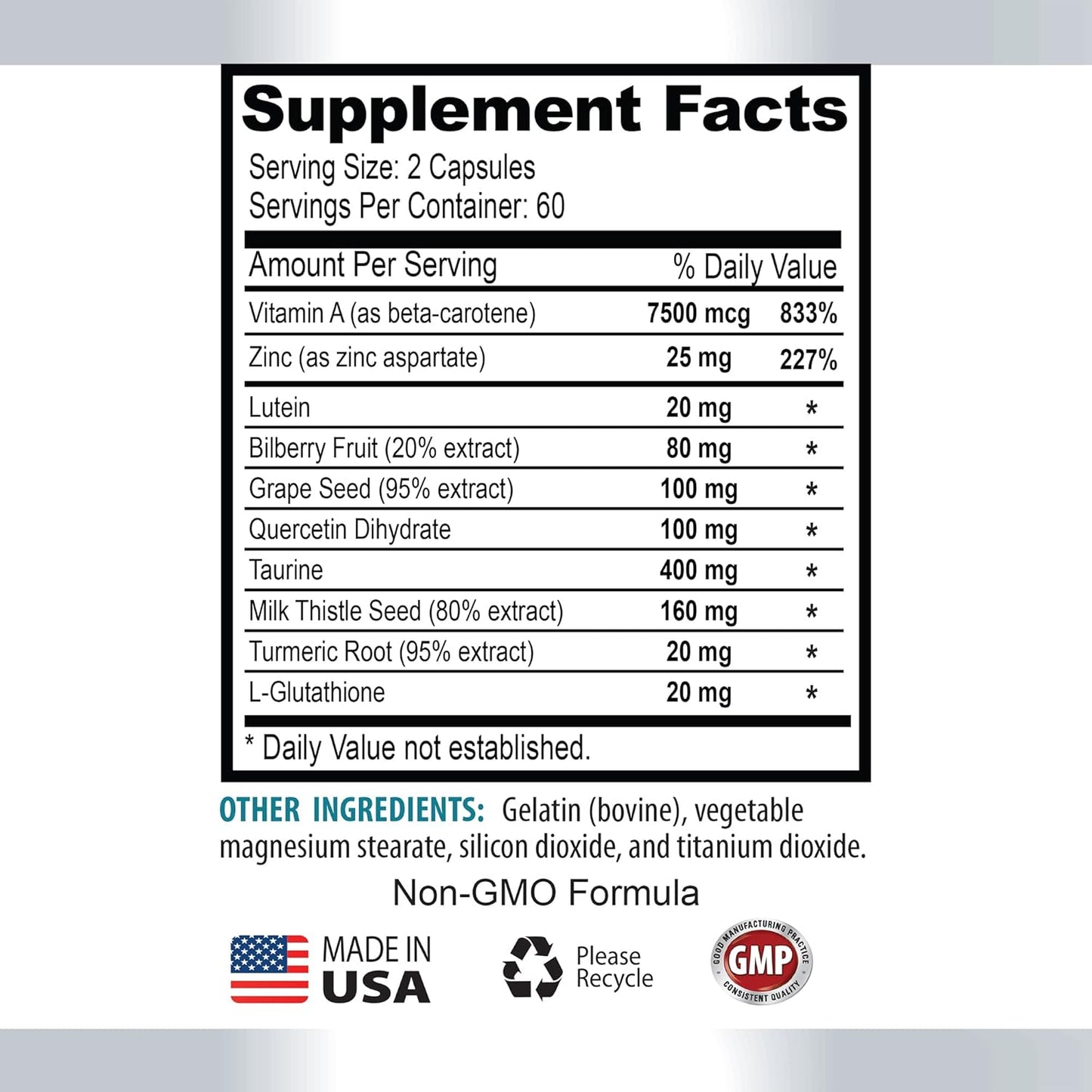 Vision Guard 24 MG - Advanced Eye Vision Support Supplement with Lutein, Vitamin A, Turmeric, Bilberry, and Taurine - Private Label LLC Eye Vitamins - 60 Capsules