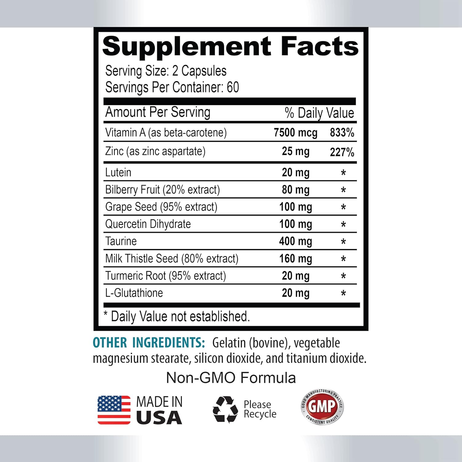 Vision Guard 24 MG - Advanced Eye Vision Support Supplement with Lutein, Vitamin A, Turmeric, Bilberry, and Taurine - Private Label LLC Eye Vitamins - 60 Capsules