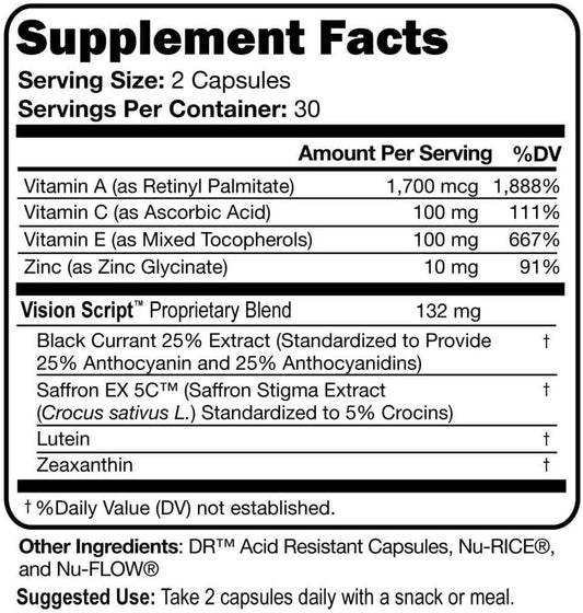Vision Script with Saffron: Macular & Retinal Eye Health - 60 Servings, Saffron, Black Currant, Lutein, Zeaxanthin, Vitamin C, E, Zinc.