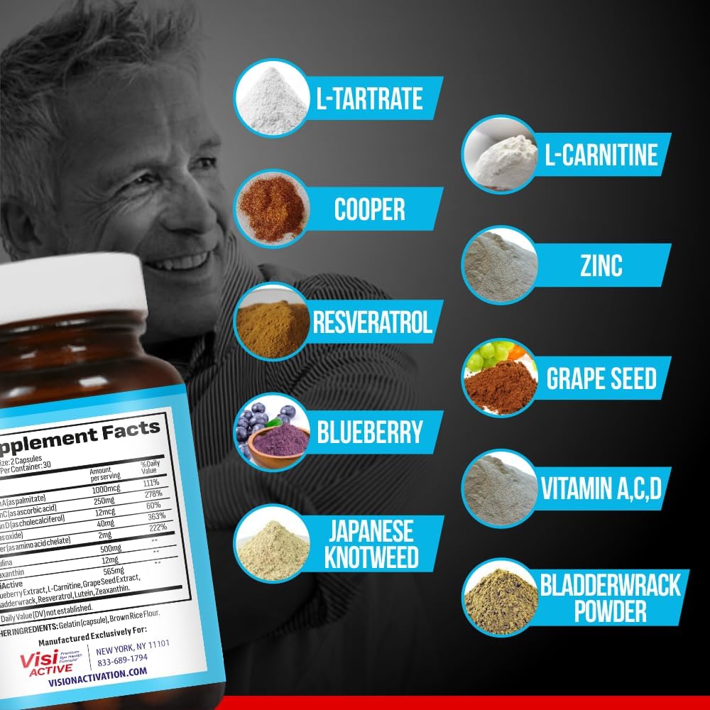 Vision Support Supplement with L-Tartrate, Resveratrol, Blueberry Extract, Vitamins A, C, D - 60 Capsules - Eye Health Formula for Vision - 1 Bottle