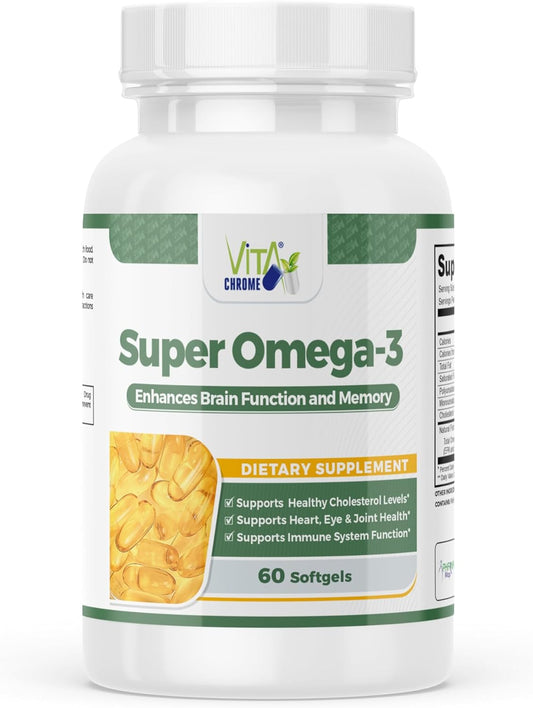 VITA CHROME Super Omega-3 Fish Oil Softgels, 1000 Mg, 300 Mg Omega-3, Heart Health Support - 60 Softgels, USA Made