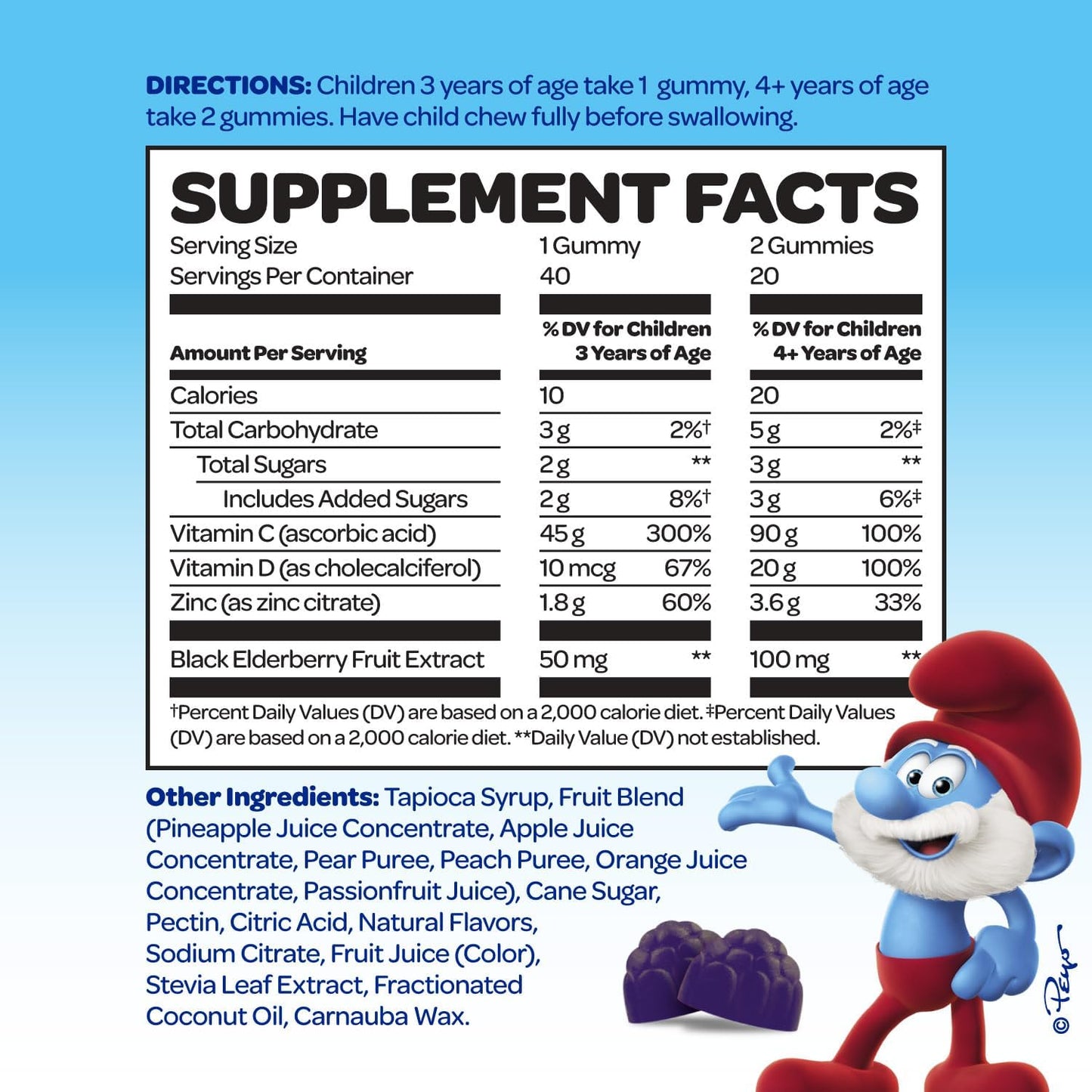 VITABURST Smurfs Kids Immune Support Gummies with Black Elderberry, Vitamin C, and Zinc - 40 Gummies, Real Fruit, Doctor Developed, Non-GMO