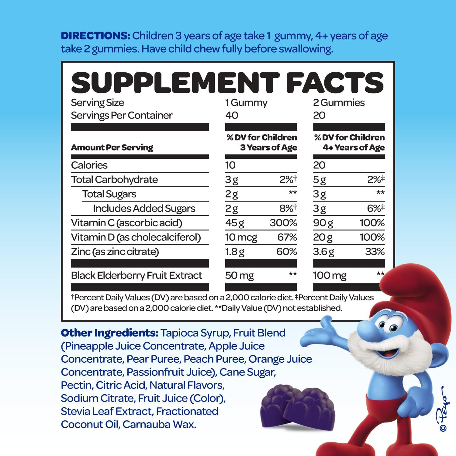VITABURST Smurfs Kids Immune Support Gummies with Black Elderberry, Vitamin C, and Zinc - 40 Gummies, Real Fruit, Doctor Developed, Non-GMO