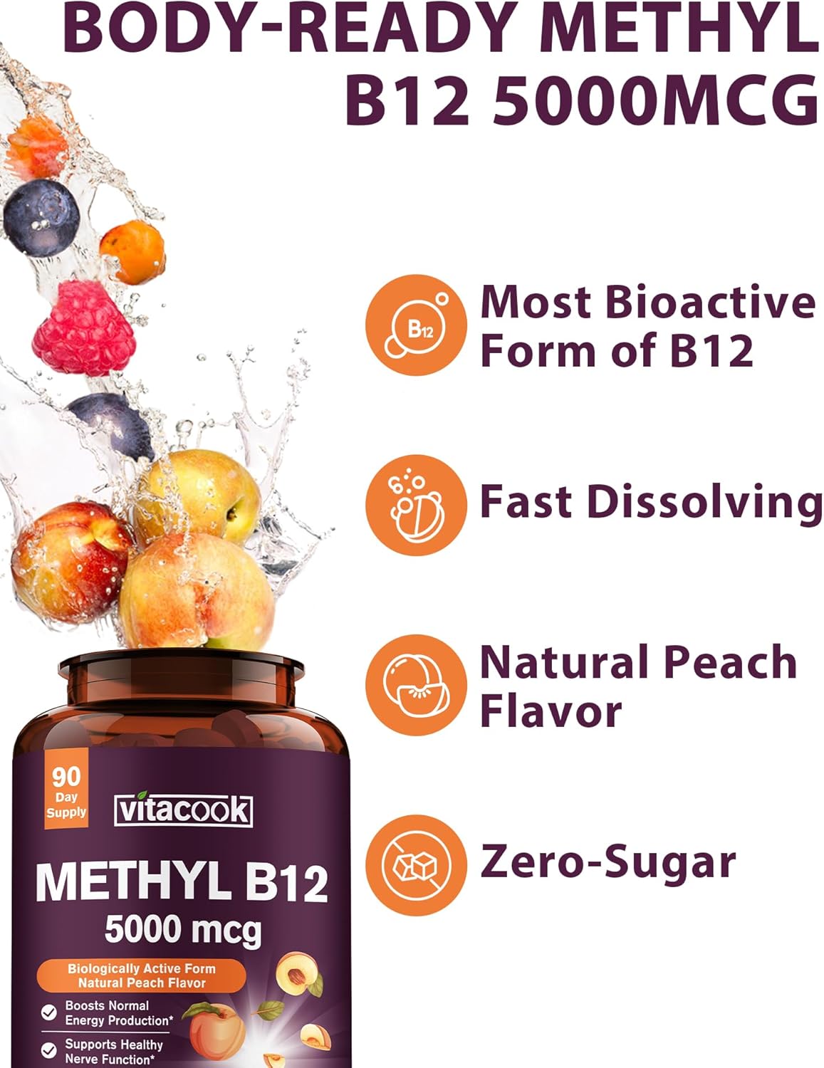 Vitacook Methylcobalamin Sublingual Tablets 5000mcg for Energy, Nerve & Cell Support - Natural Peach Flavor, Vegan - 240 Fast Dissolve Tablets