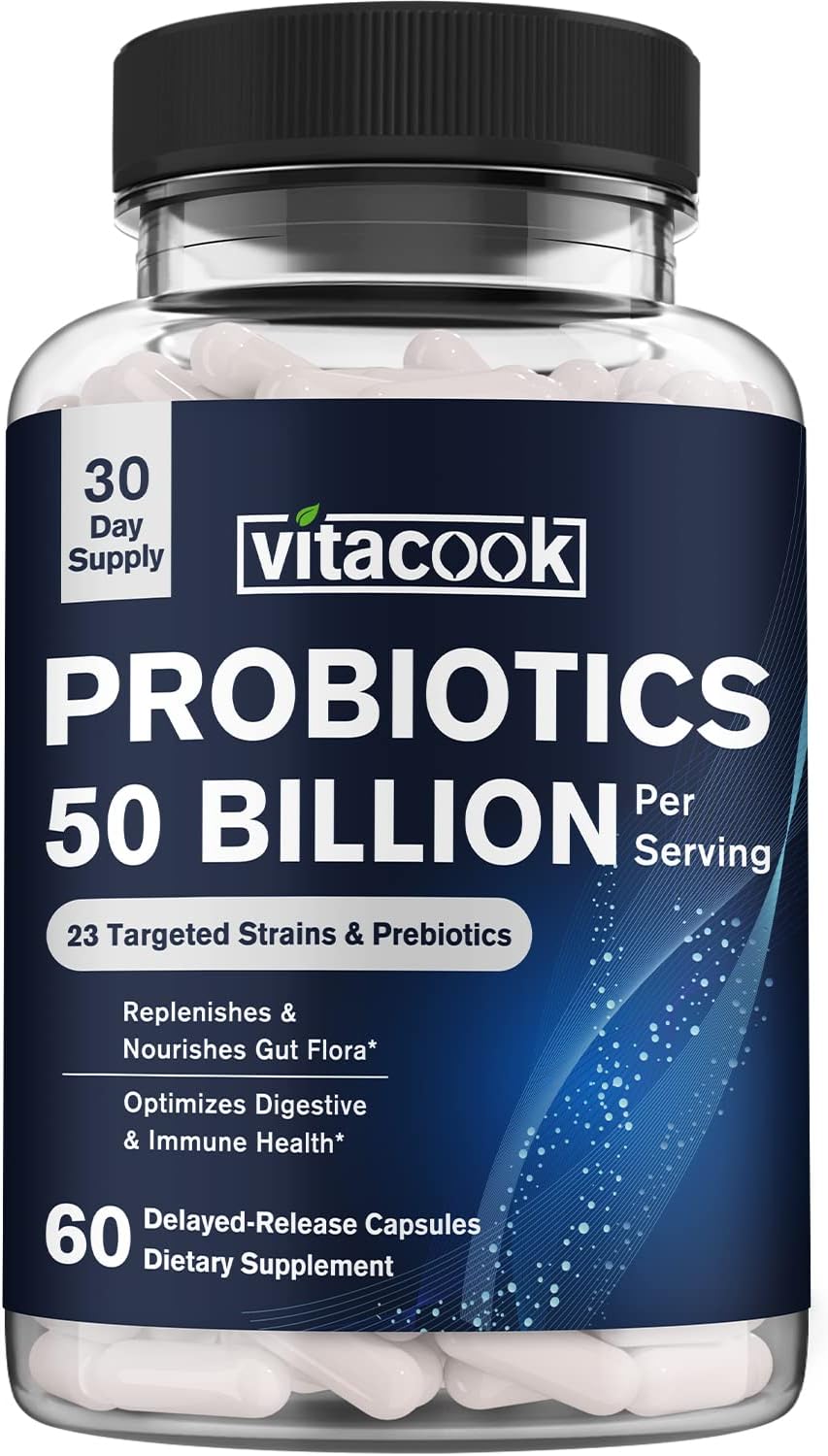 Vitacook Probiotics 50 Billion: 23 Strains + Organic Prebiotics, Digestive & Immune Support, 60 Vegan Capsules