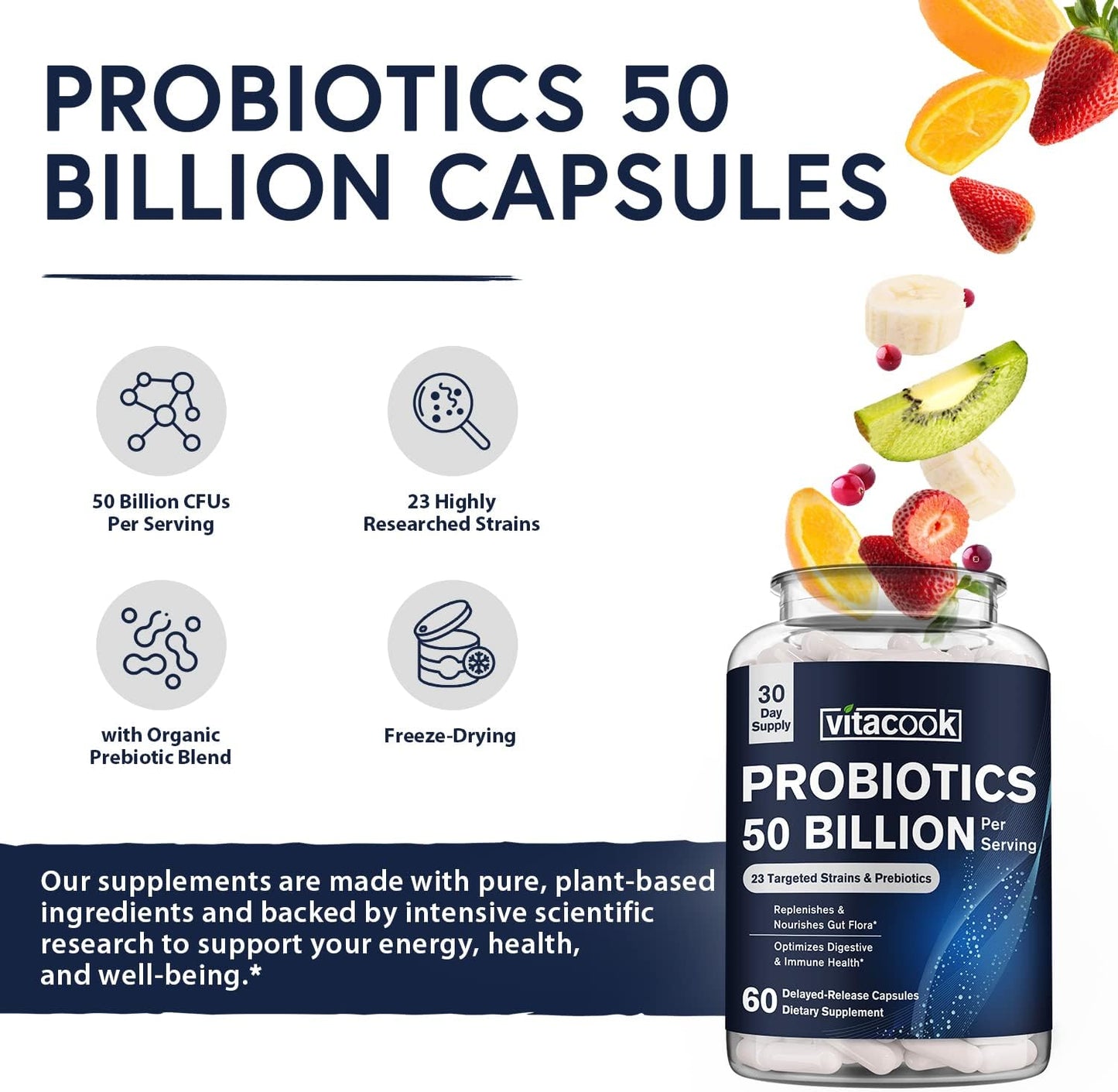 Vitacook Probiotics 50 Billion: 23 Strains + Organic Prebiotics, Digestive & Immune Support, 60 Vegan Capsules