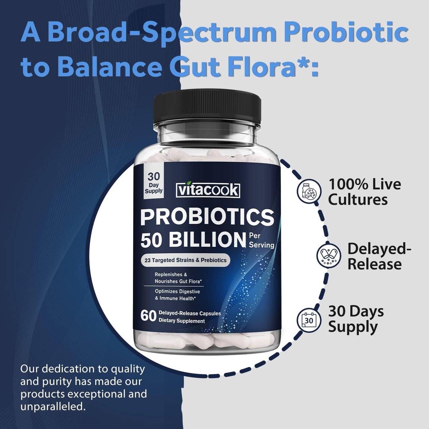 Vitacook Probiotics 50 Billion: 23 Strains + Organic Prebiotics, Digestive & Immune Support, 60 Vegan Capsules