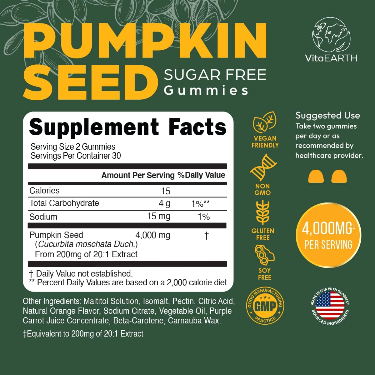 VitaEARTH Pumpkin Seed Oil Gummies - 4000mg Supplement for Hair, Skin, Immunity, and Urinary Health - Vegan, Natural Fatty Acids - 60 Gummies