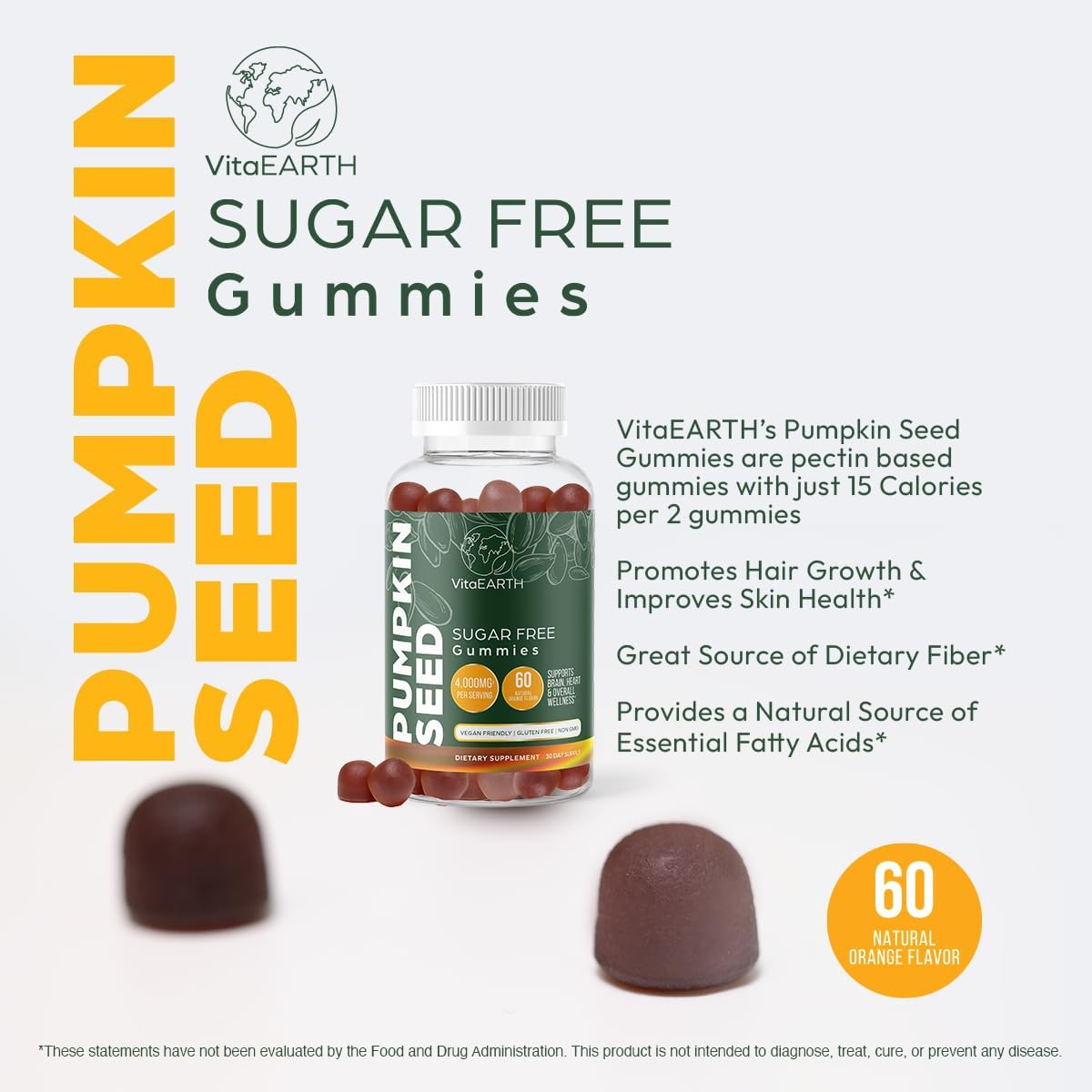 VitaEARTH Pumpkin Seed Oil Gummies - 4000mg Supplement for Hair, Skin, Immunity, and Urinary Health - Vegan, Natural Fatty Acids - 60 Gummies