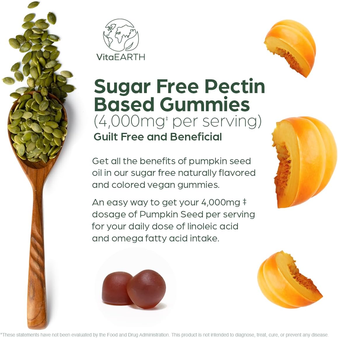 VitaEARTH Pumpkin Seed Oil Gummies - 4000mg Supplement for Hair, Skin, Immunity, and Urinary Health - Vegan, Natural Fatty Acids - 60 Gummies