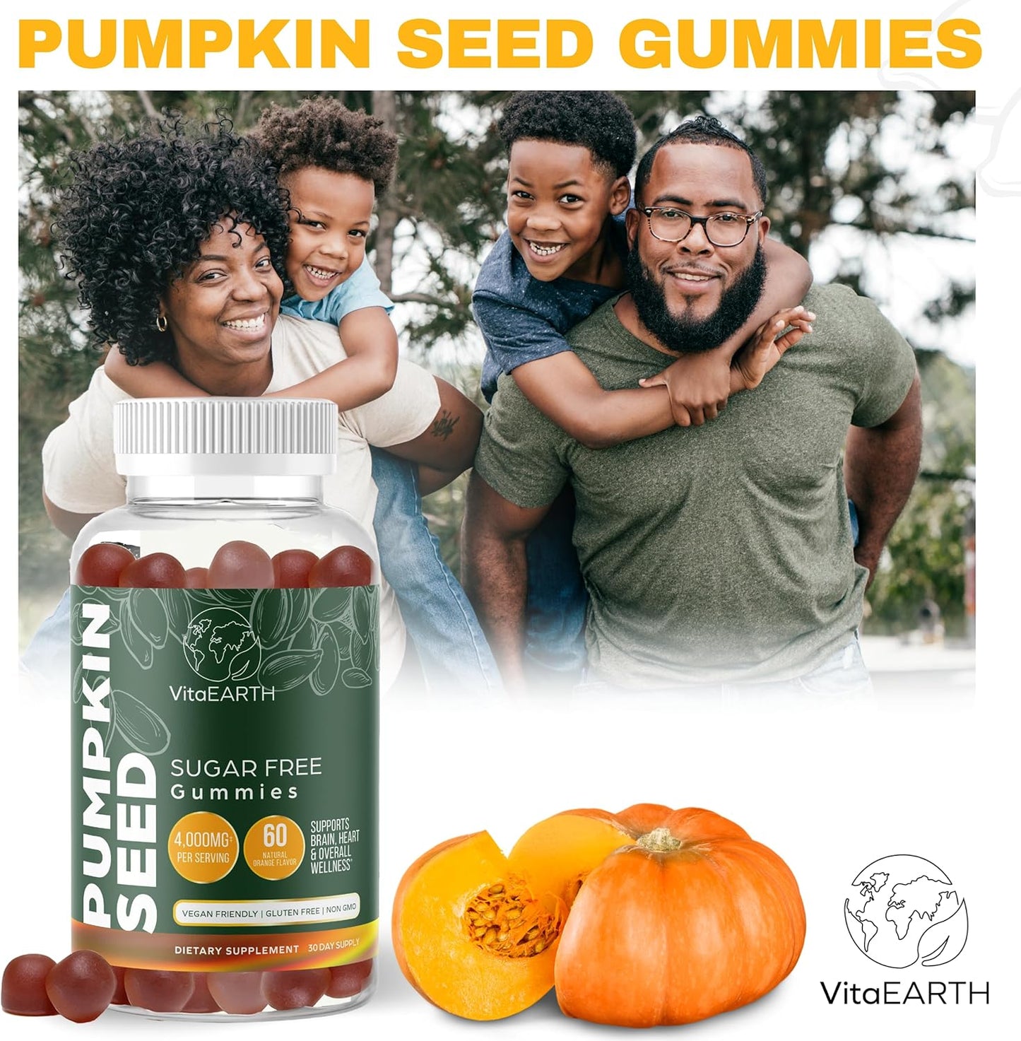 VitaEARTH Pumpkin Seed Oil Gummies - 4000mg Supplement for Hair, Skin, Immunity, and Urinary Health - Vegan, Natural Fatty Acids - 60 Gummies