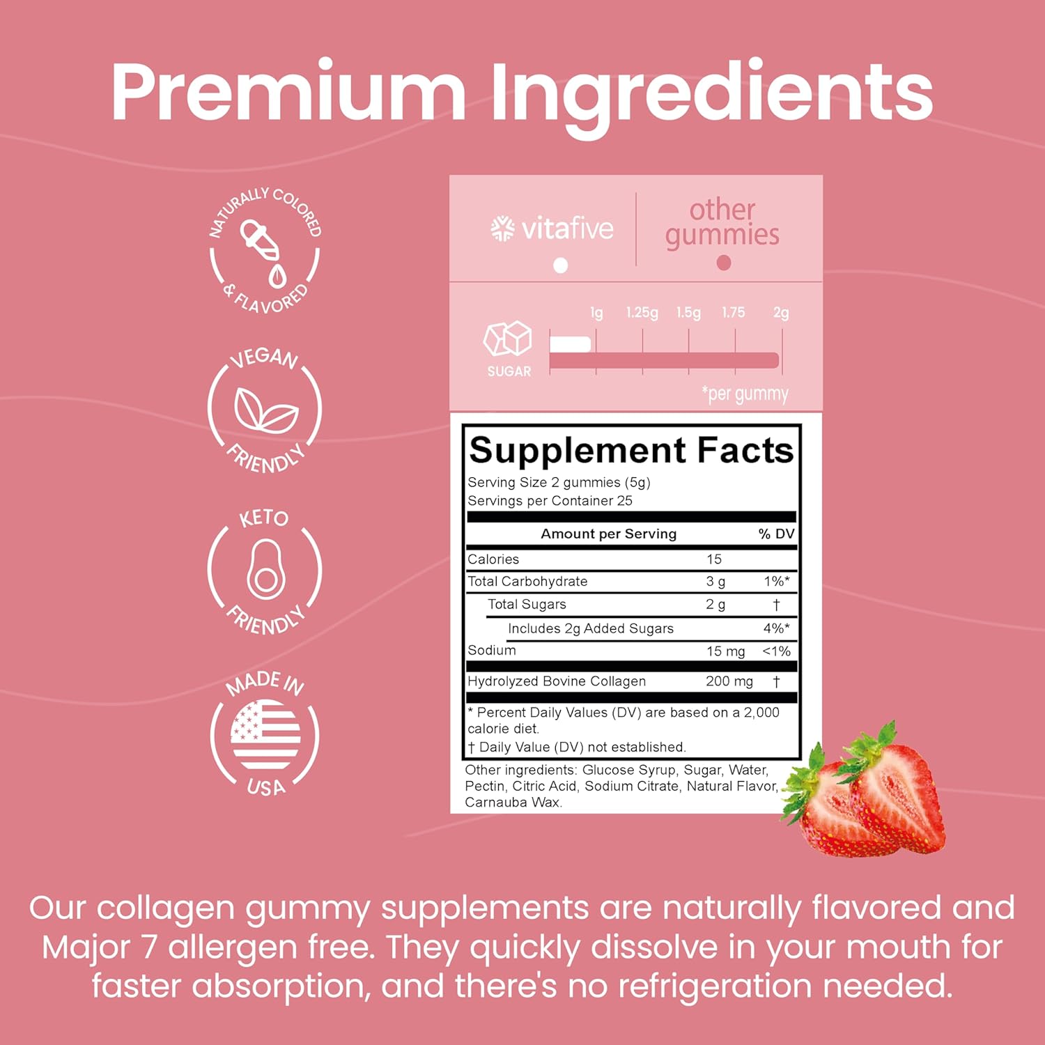 vitafive Bovine Collagen Gummies for Hair, Skin & Connective Tissue Support - Gluten Free - 50 Count - BoostGo Australia