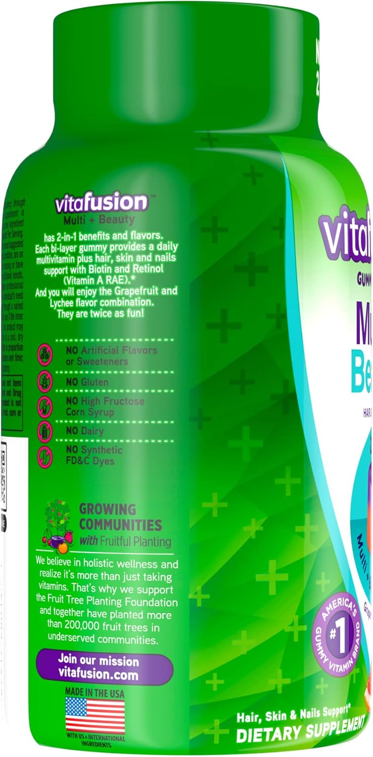 Vitafusion Multivitamin Plus Beauty Gummies - 2-in-1 Hair, Skin, Nails Support - Biotin, Retinol, Vitamin A RAE - 90 Count