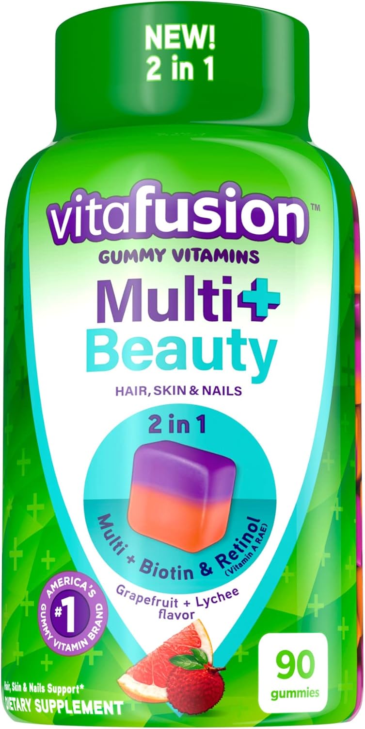 Vitafusion Multivitamin Plus Beauty Gummies - 2-in-1 Hair, Skin, Nails Support - Biotin, Retinol, Vitamin A RAE - 90 Count