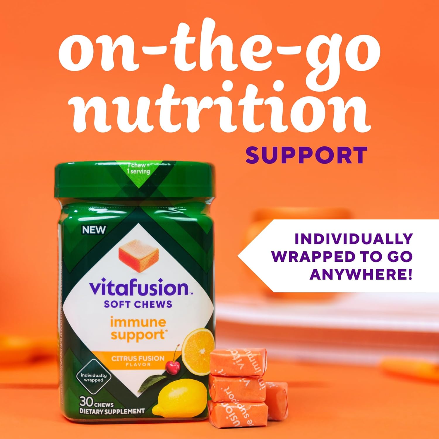 Vitafusion Soft Chews Immune Support Citrus Fusion Flavor, 30 Chews - Adult Chewable Vitamin C, Individually Wrapped - 30 Day Supply