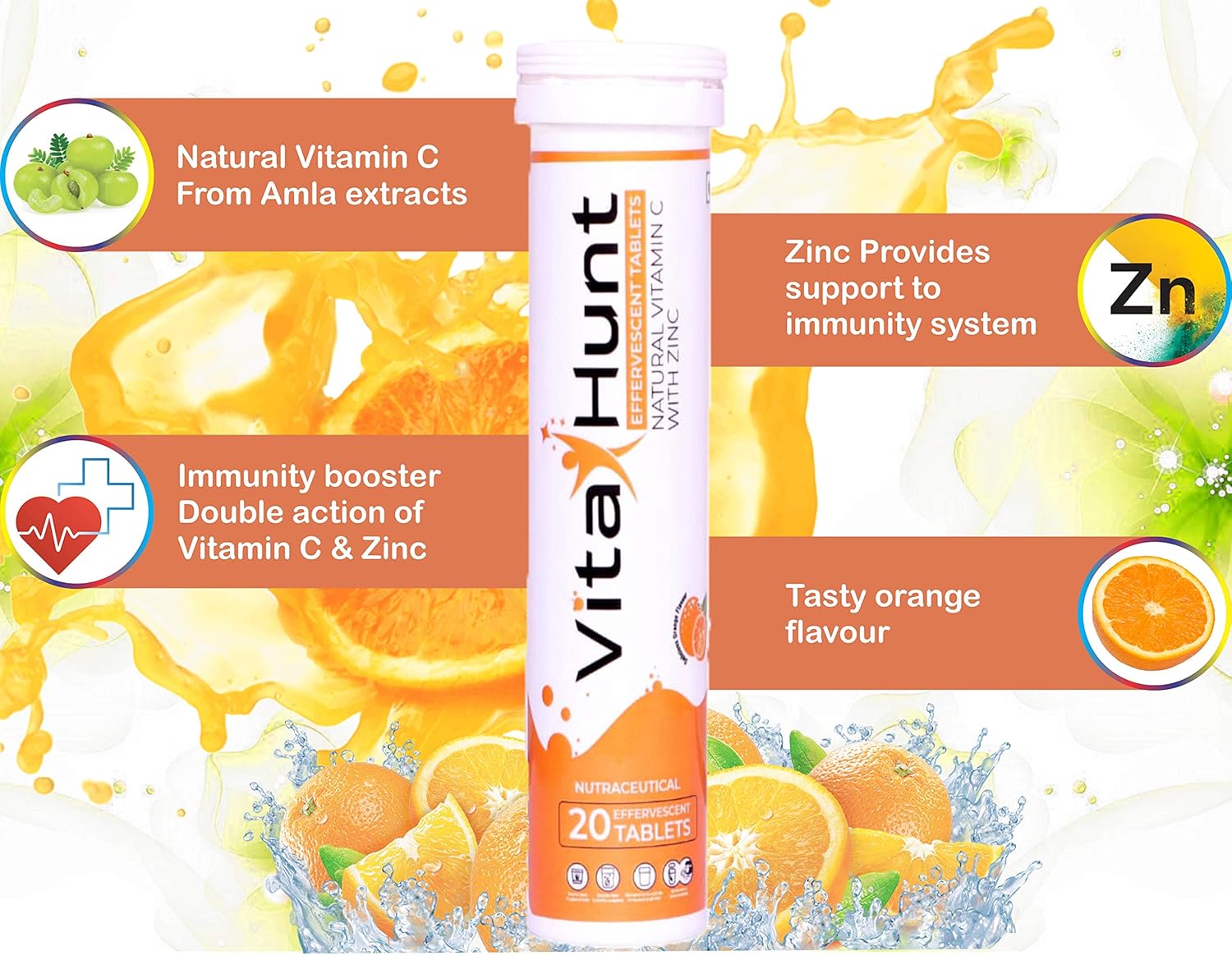 VitaHunt Vitamin C 1000mg with Zinc Effervescent Tablets - Immune Support & Antioxidants - Orange Flavor