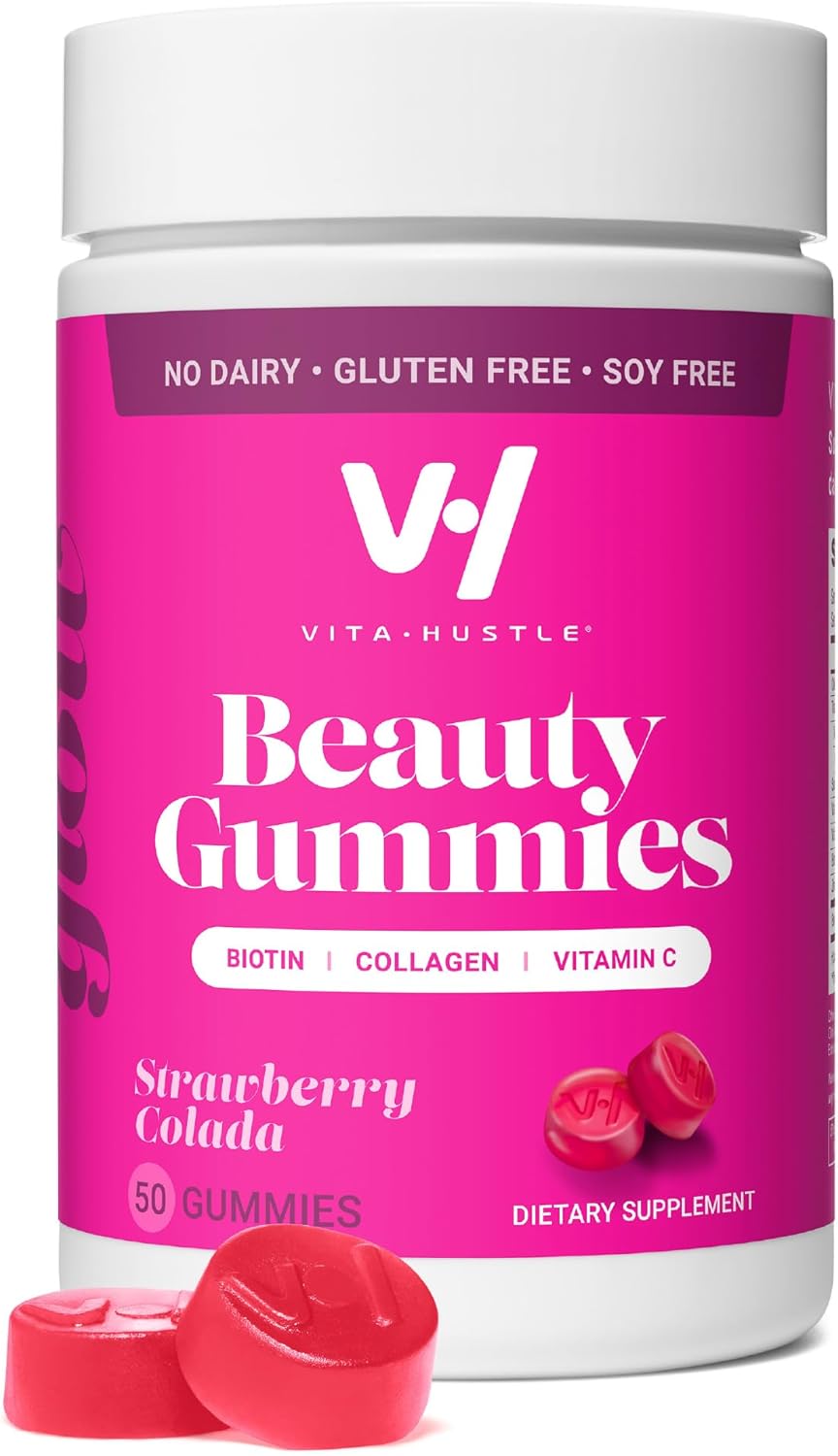 VitaHustle Beauty Gummies: 2500mcg Biotin, 100mg Collagen, Vitamin C, B-Complex, Strong Hair, Skin Nails, Low Sugar, Non GMO - Strawberry Colada - 50 Count