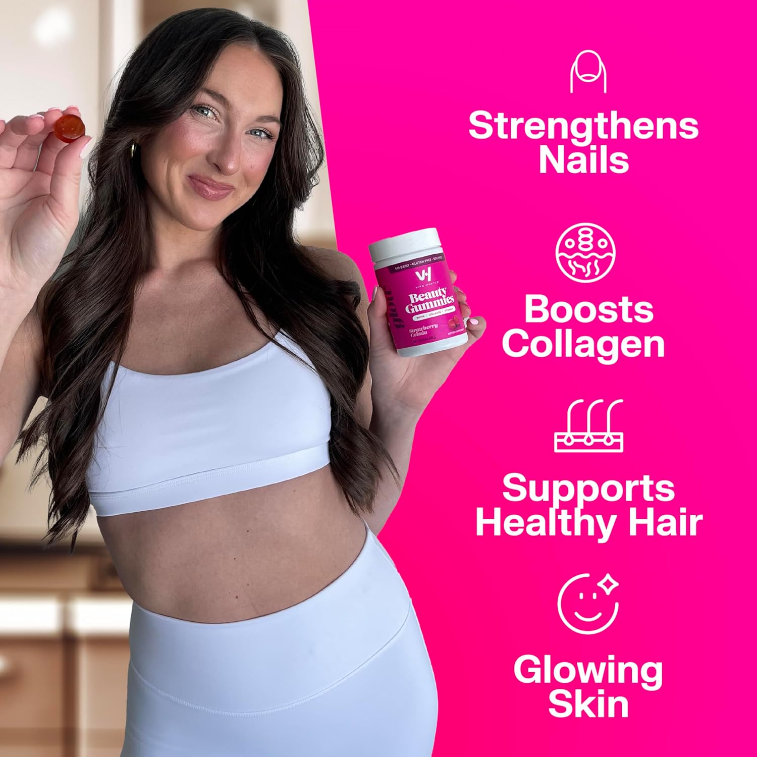 VitaHustle Beauty Gummies: 2500mcg Biotin, 100mg Collagen, Vitamin C, B-Complex, Strong Hair, Skin Nails, Low Sugar, Non GMO - Strawberry Colada - 50 Count