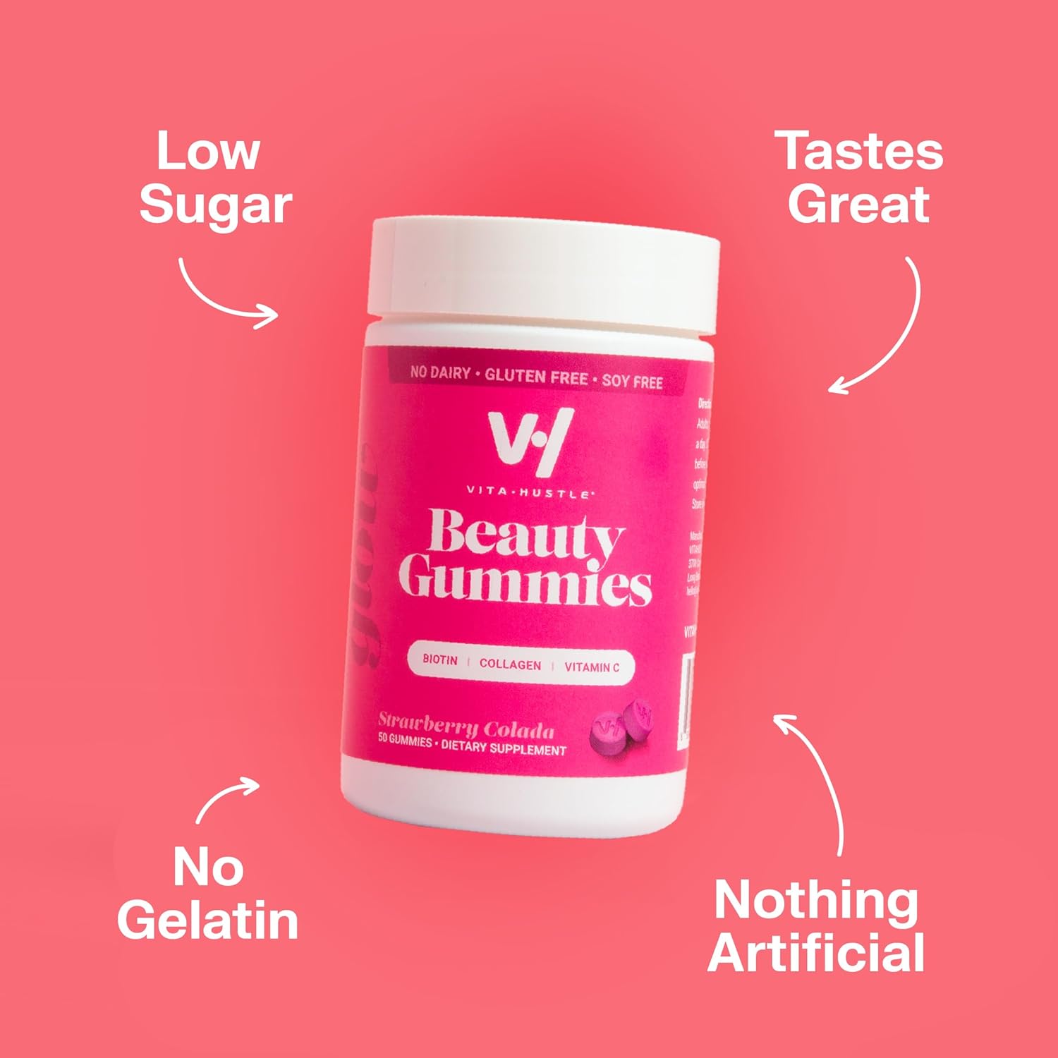 VitaHustle Beauty Gummies: 2500mcg Biotin, 100mg Collagen, Vitamin C, B-Complex, Strong Hair, Skin Nails, Low Sugar, Non GMO - Strawberry Colada - 50 Count