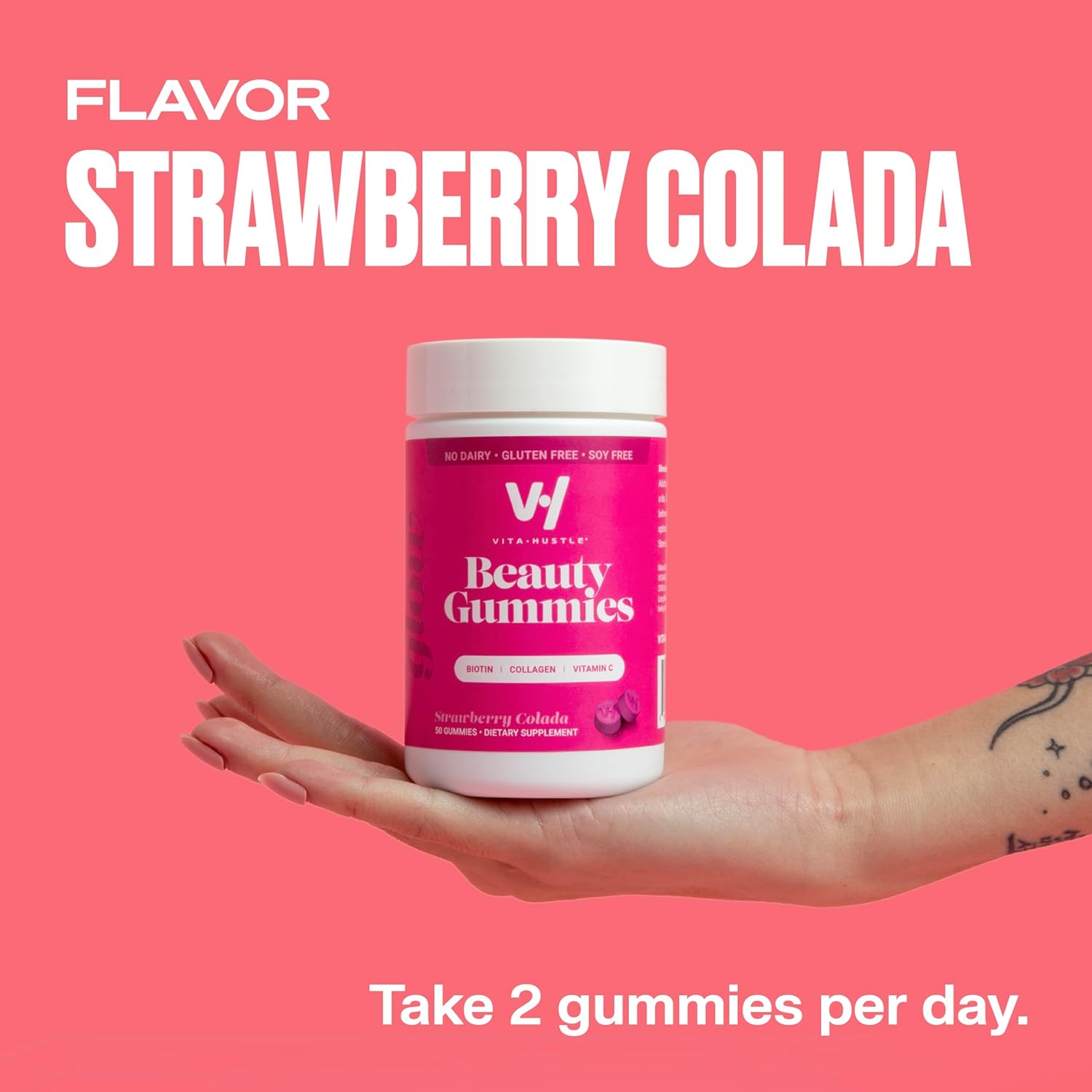 VitaHustle Beauty Gummies: 2500mcg Biotin, 100mg Collagen, Vitamin C, B-Complex, Strong Hair, Skin Nails, Low Sugar, Non GMO - Strawberry Colada - 50 Count