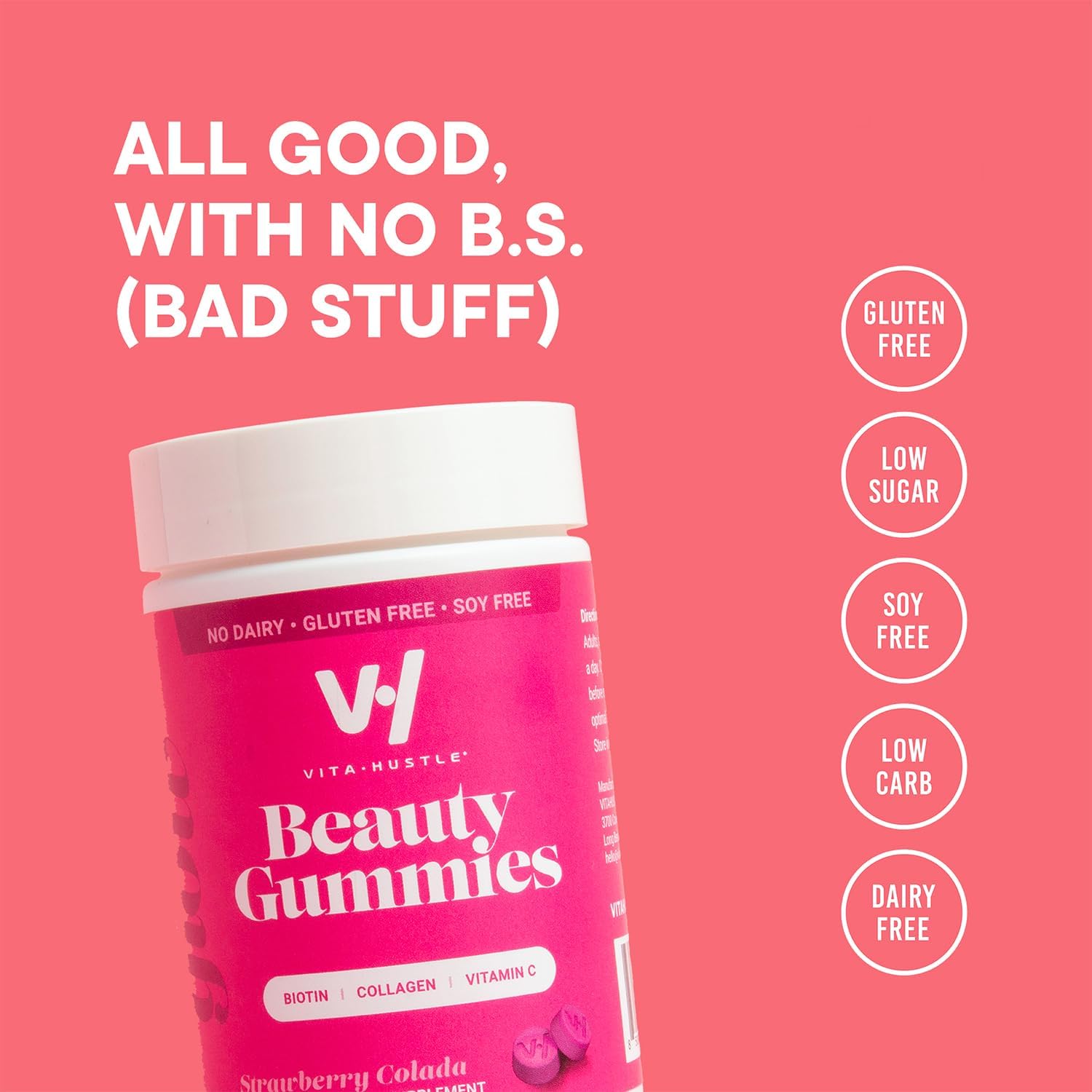 VitaHustle Beauty Gummies: 2500mcg Biotin, 100mg Collagen, Vitamin C, B-Complex, Strong Hair, Skin Nails, Low Sugar, Non GMO - Strawberry Colada - 50 Count
