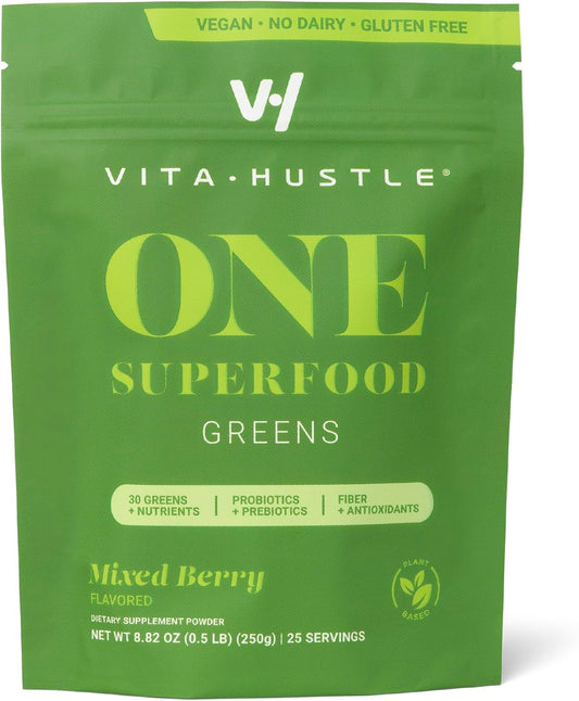 VitaHustle ONE Superfood Super Greens Powder with Prebiotics + Probiotics for Gut Health and Detox Support (Berry Flavor, 25 Servings)