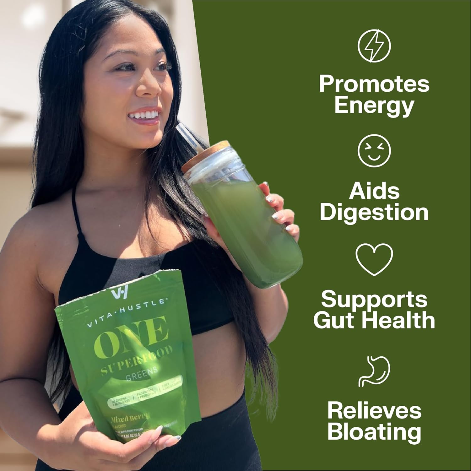 VitaHustle ONE Superfood Super Greens Powder with Prebiotics + Probiotics for Gut Health and Detox Support (Berry Flavor, 25 Servings)