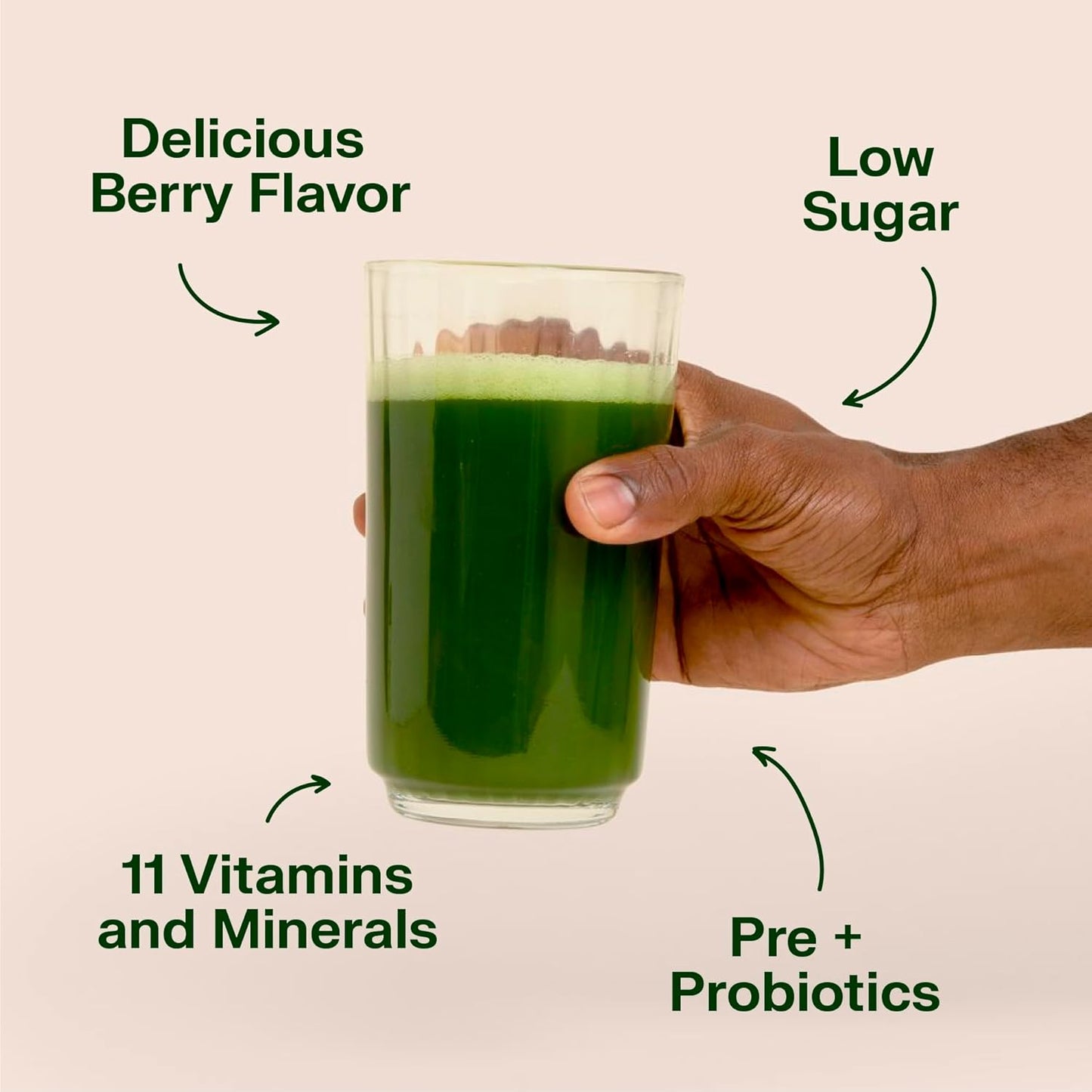 VitaHustle ONE Superfood Super Greens Powder with Prebiotics + Probiotics for Gut Health and Detox Support (Berry Flavor, 25 Servings)
