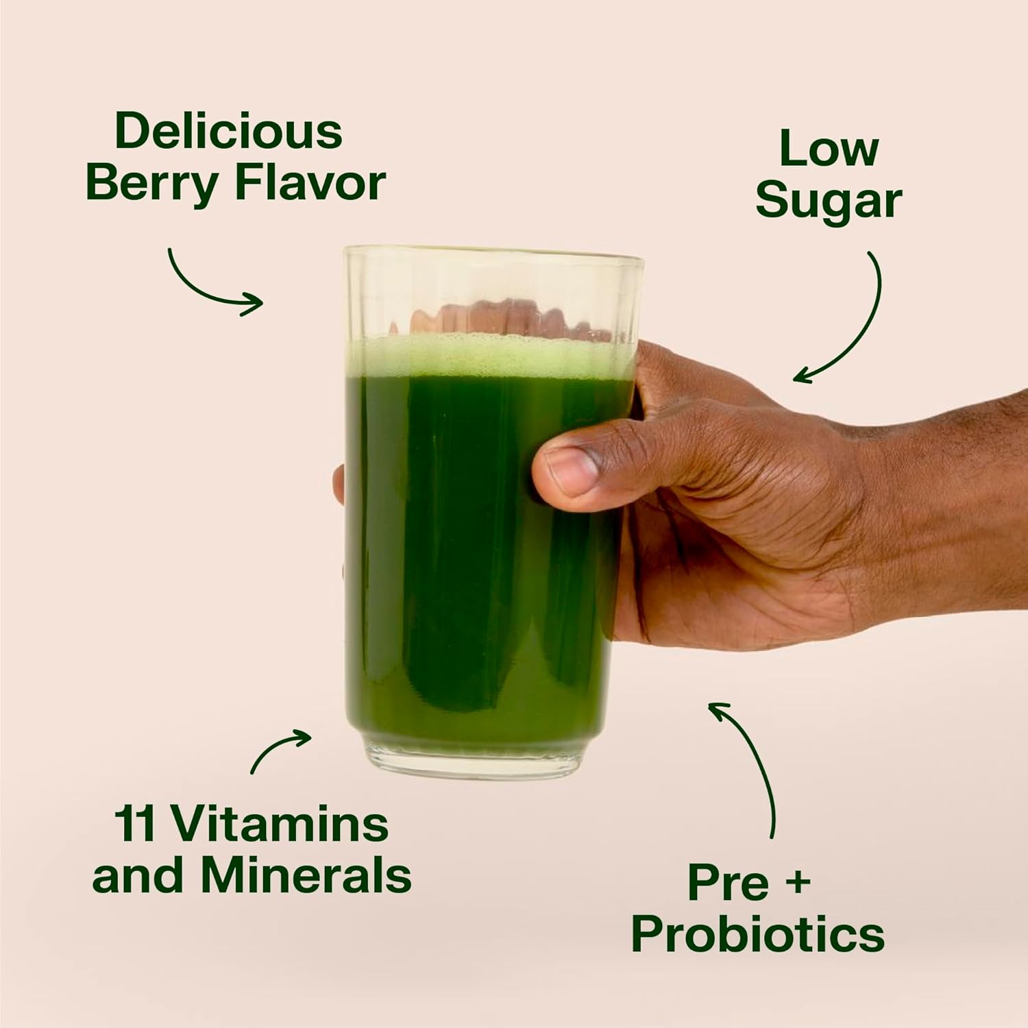 VitaHustle ONE Superfood Super Greens Powder with Prebiotics + Probiotics for Gut Health and Detox Support (Berry Flavor, 25 Servings)
