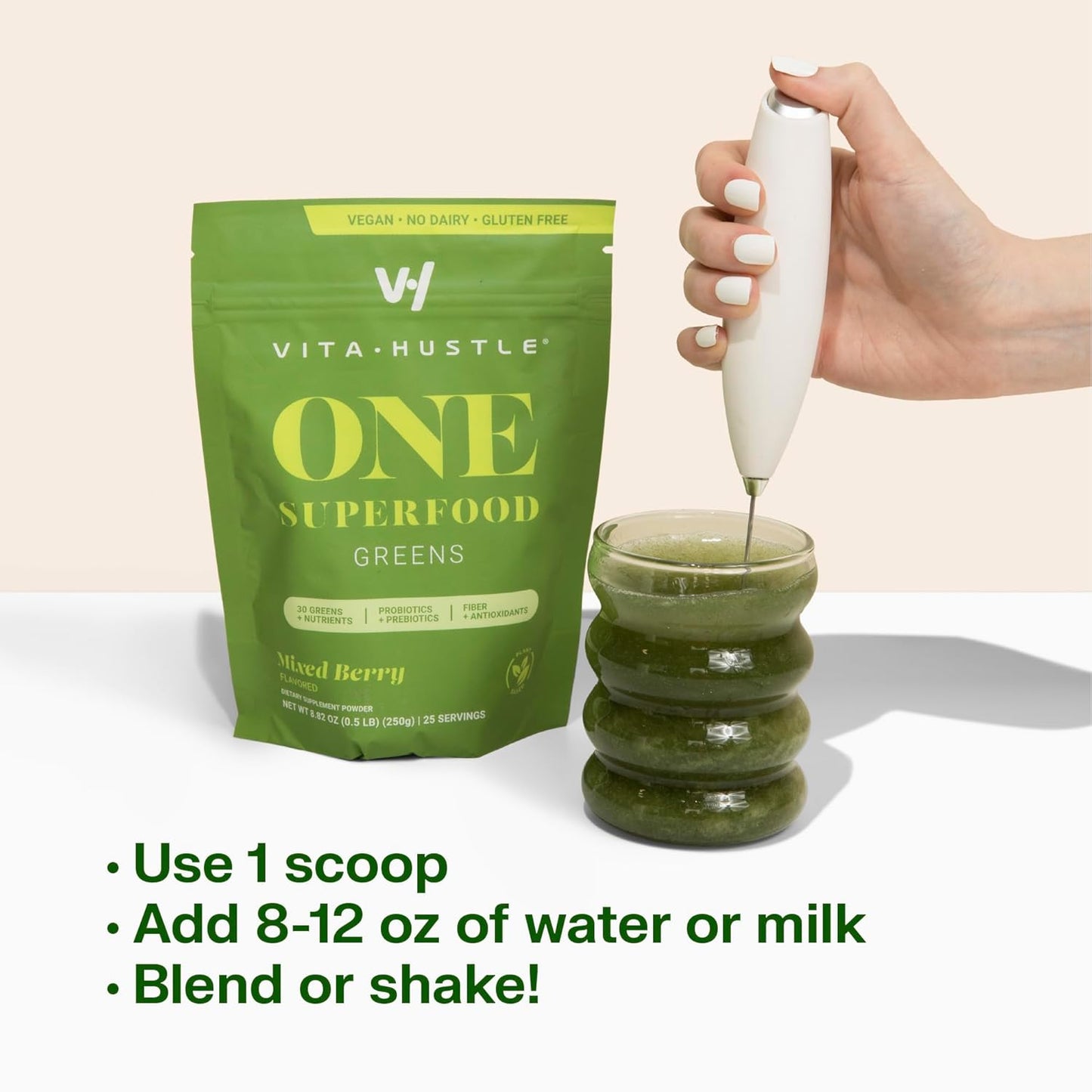 VitaHustle ONE Superfood Super Greens Powder with Prebiotics + Probiotics for Gut Health and Detox Support (Berry Flavor, 25 Servings)
