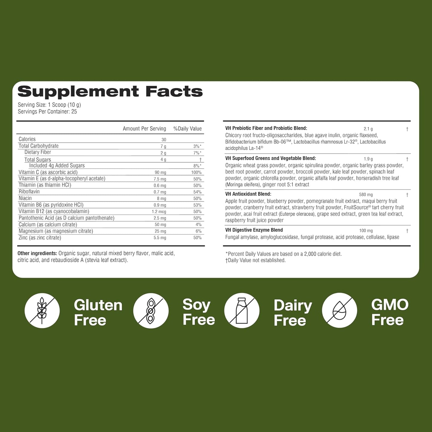 VitaHustle ONE Superfood Super Greens Powder with Prebiotics + Probiotics for Gut Health and Detox Support (Berry Flavor, 25 Servings)