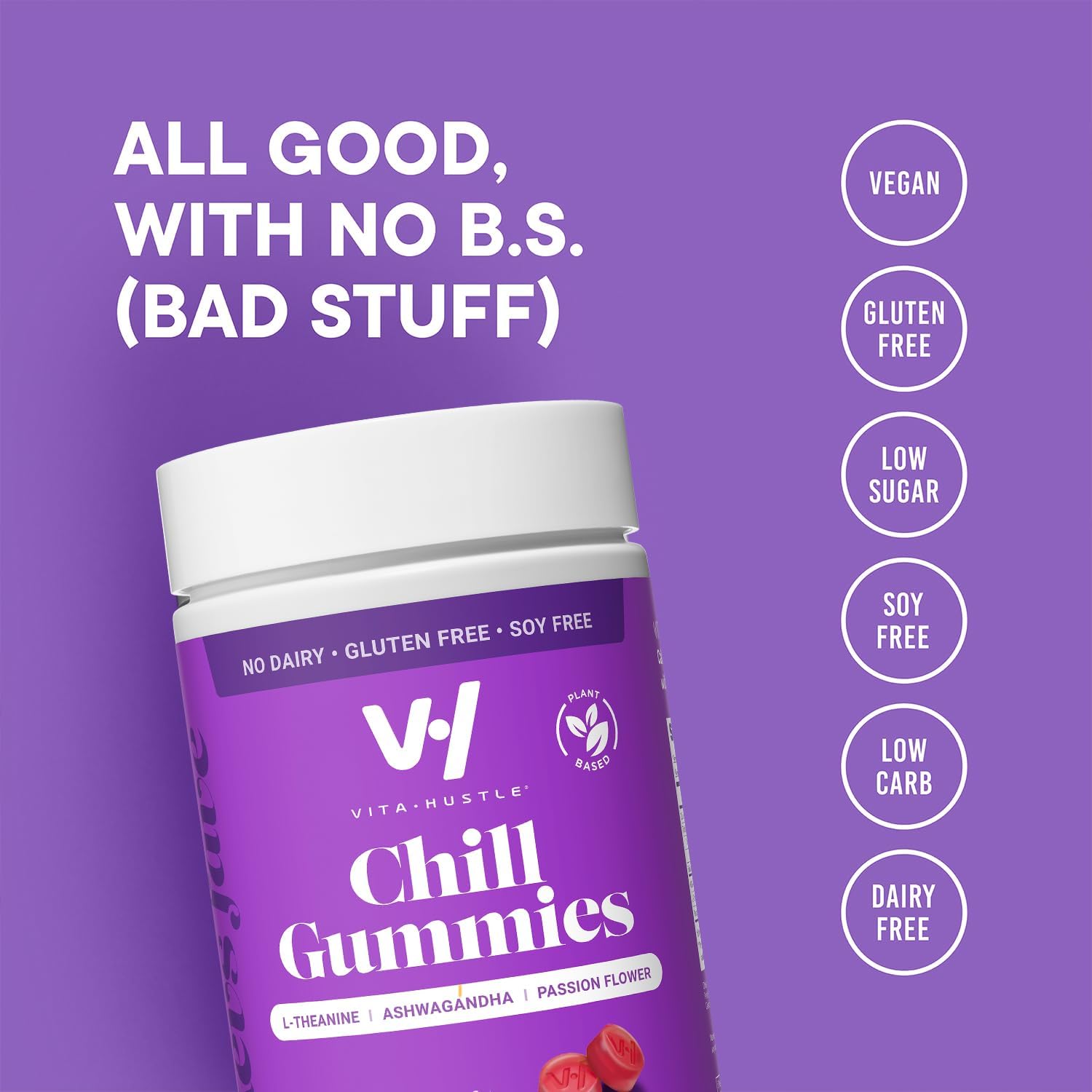 VitaHustle Stress Relief Gummies - 300mg KSM 66 Ashwagandha, L-Theanine, Vegan, Mood Support, Cortisol Balance, Focus - Passion Fruit Flavor - 50 Count